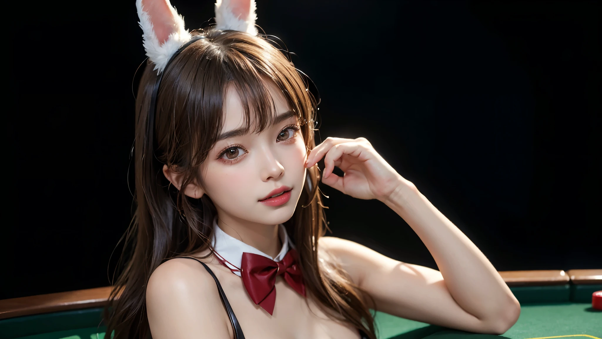 In the nightclub, (Raw photo: 1.2), of the highest quality, Beautiful detailed girl, Bunny ears, Smile, Highly detailed eyes and face, Beautiful detailed eyes, Huge file size, High resolution, High resolution, 8K Wallpaper, Fine detail, Highly detailed ticker uniform 8K wallpaper, Light on Face, Movie Lighting, 16 year old girl, Sexy Pose, (Photorealism: 1.4), Illustration, surrealism, From below, Super Detail, masutepiece, Playboy Bunny Costume, fishnets pantyhose, On all fours teats