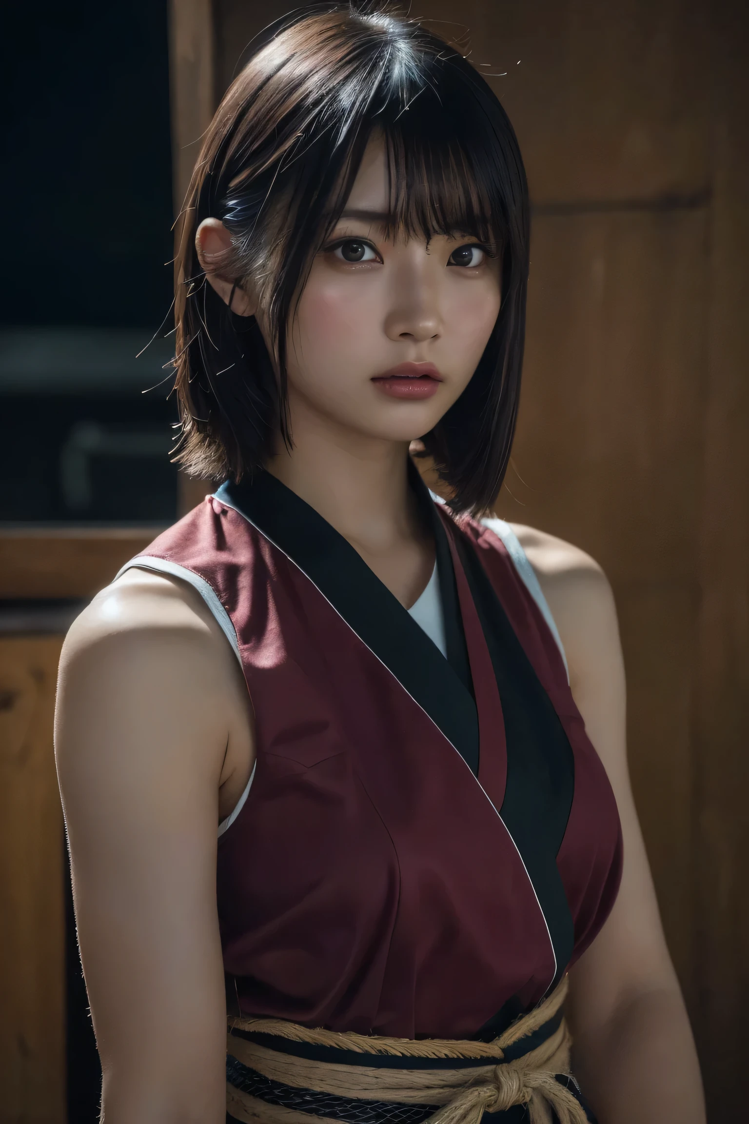 (best quality:1.4),(masterpiece:1.4),(photorealistic:1.4),(Realistic:1.2),(ultra high res, raw photo:1.4),(hdr, hyperdetailed:1.2),(8K:1.2),cinematic photo,photo of black hair,1girl,solo,wearing ,((Japanese Female Warrior))、((Upper Body:1.3))