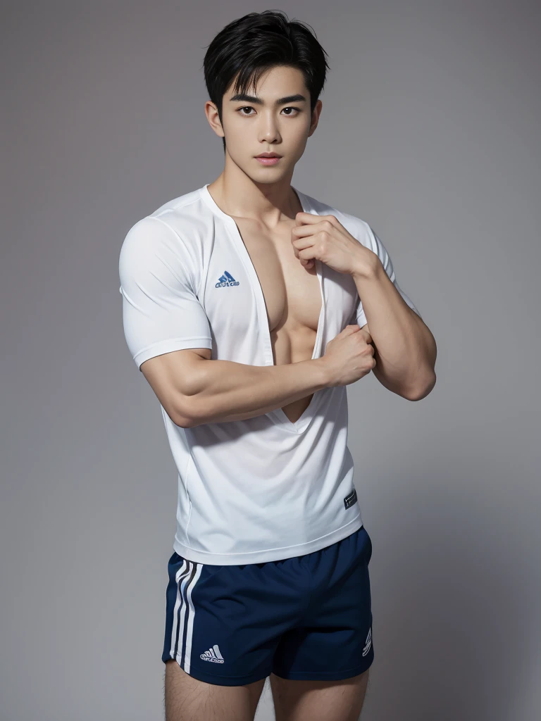 1 Handsome  naked Japanese guy ，Sexy pose, A 20 year-old man wearing a Bare chest shirt and Excellent shorts stands against a white background, navy blue, navy blue, Sports T-shirt, blue, Excellent Sportswear, Gorgeous and sexy clothes, Sportswear, Short sleeve, Jinjinshen blue clothes, Tall young man, Tennis suits, 穿着Sportswear, dark blue decorative clothing，male，Bare chest,Full chest muscles，Swelling of chest muscles，Six-pack，Hips， Handsome，High，Muscles look good，hairy body，Sexy expression, Wheat complexion，black eyes（thin eyes 1：3），Full body image, Excellent, perfect dick shape, Perfect hand details,Detailed you, , Mostly juicy ass, The opening of your legs