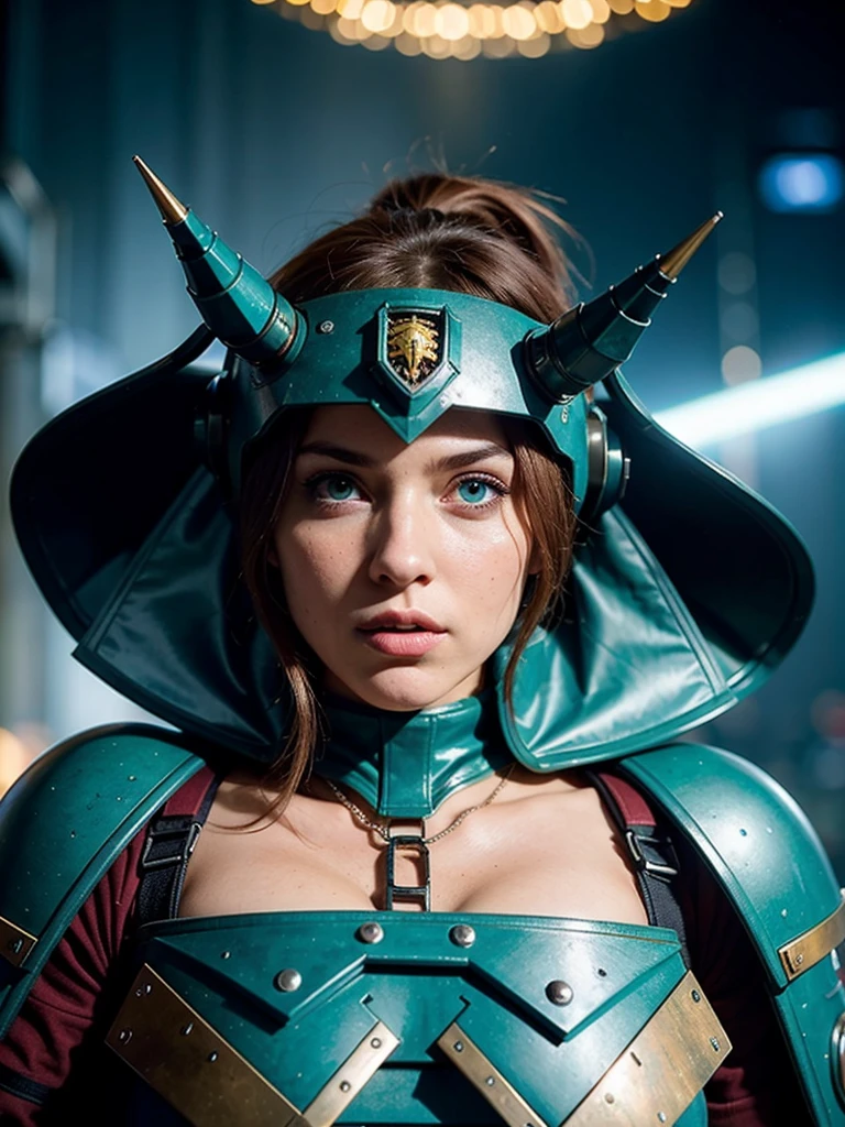 high quality, 1 girl, adult woman, turquoise eyes, chestnut prom hairstyle,
portrait, solo, (full body:0.6), looking up, detailed background, detailed face, (geometrical steel, scifi, precursortech theme:1.1), warhammer 40k space marine, face, wearing dark green thick power-armor, battle-worn equipment, chainsword weapon, energy shield, cloak, determined expression, heavy gunner, floating particles, exterminatus in background, epic atmosphere,