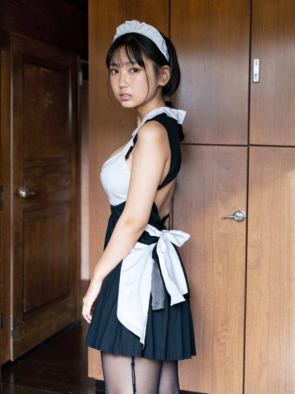 (41k4:0.7), (aika-sawaguchi:0.7), masterpiece, Best Quality, 8K, Raw photo, (wearing maid uniform:1.6), top-notch quality, masterpiece, (facing viewer:1.5), (front view:1.5), (arms behind back:1.3), solo, (1 pretty Japanese girl), (wearing black stockings:1.2), exceptionally detailed RAW color photo, professional-grade photograph, (Realistic, Photorealistic:1.37), (highly detailed skin:1.2), Ultra-high resolution, (lens 50mm), (masterpiece, top-quality:1.3), (hyper realistic:1.35), (Photorealistic:1.45), (Realistic:1.4), (looking at viewer:1.4), (1 beautiful girl), 21 years old, Japanese idol, supermodel, pale skin, (slim:1.3), (slim body:1.25), (slender body:1.25), (narrow waist:1.25), pretty face, (large breasts:1.15), (deep cleavage:1.2), gravure idol