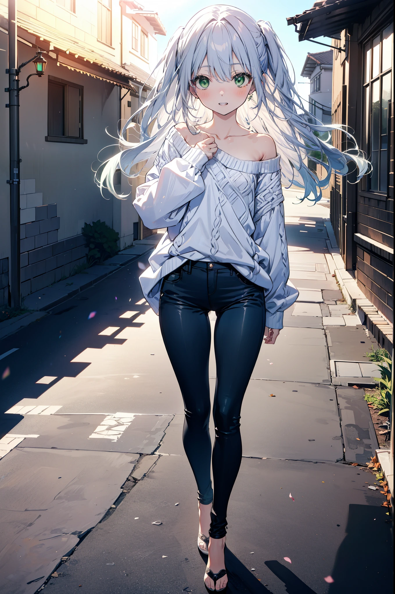 index, index, (Green Eyes:1.5), Silver Hair, Long Hair, (Flat Chest:1.2),Grin,Oversized one-shoulder sweater,Skinny jeans,Stiletto heels,Sunset,evening,The sun is setting,Walking,whole bodyがイラストに入るように,Cold Sky,White Breath,
break looking at viewer, whole body,
break outdoors, Building district,
break (masterpiece:1.2), highest quality, High resolution, unity 8k wallpaper, (figure:0.8), (Beautiful fine details:1.6), Highly detailed face, Perfect lighting, Highly detailed CG, (Perfect hands, Perfect Anatomy),