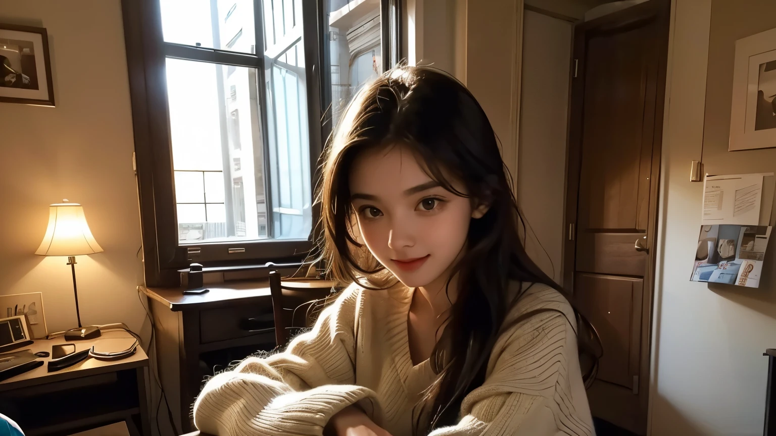 A beautiful woman with an excited expression as her intellectual curiosity is stimulated. Twenty years old. She is in her room at home.