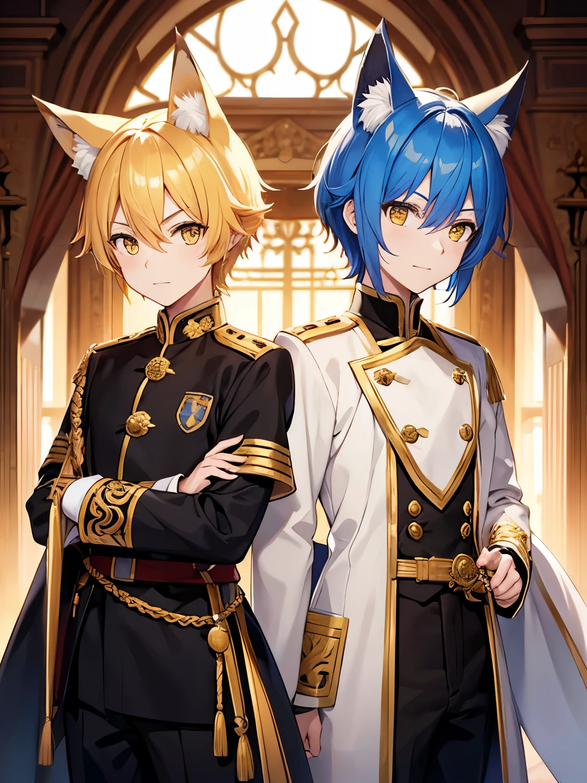 Royal Palace Gate, two boys, different hairstyles, different hair colors, yellow eyes, Holding a sword, fox ears, yellow eyes, fox tail, royal guard uniform