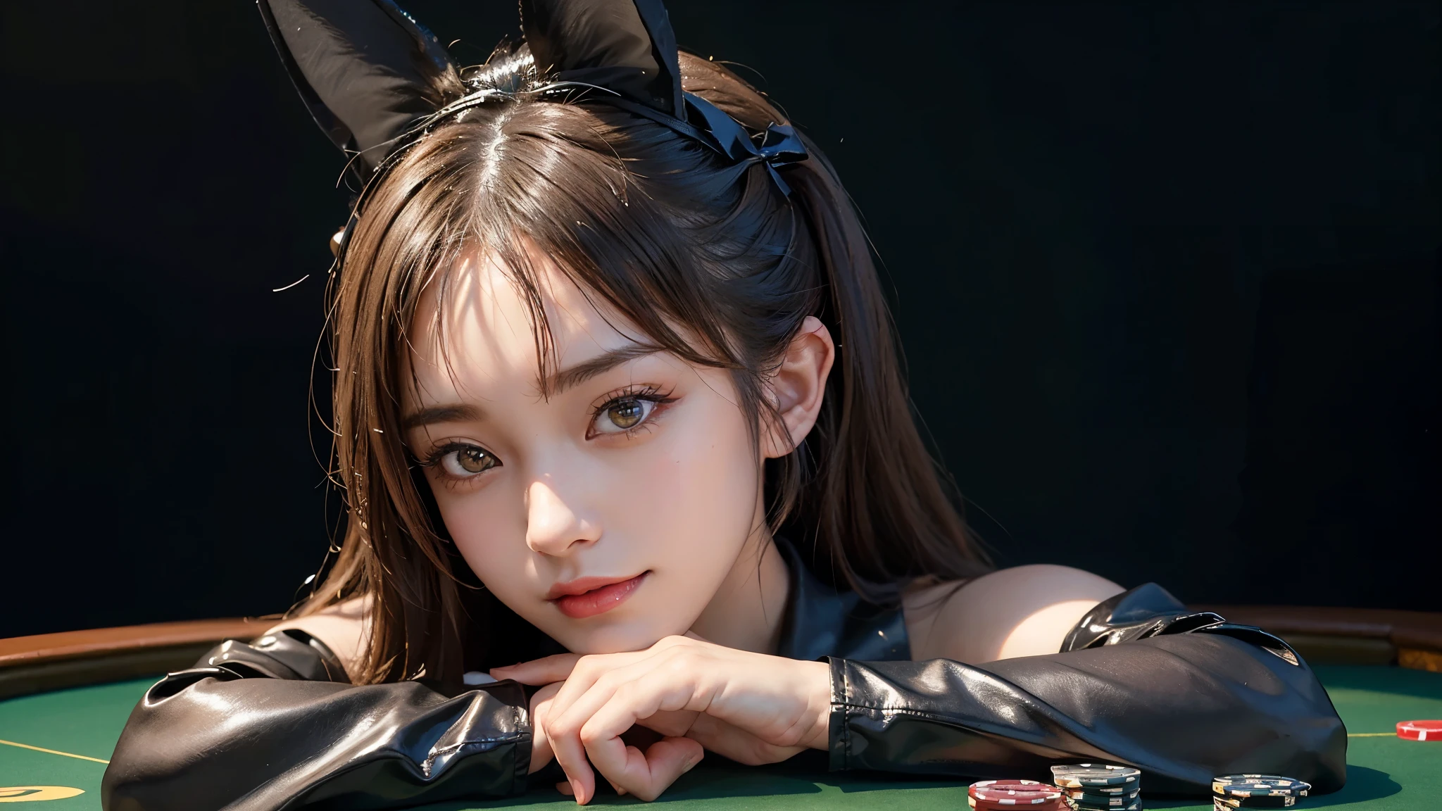 (highest quality, 8k, 32k, masterpiece, Ultra-high resolution):1.2, Blurred Background, Great photo with beautiful saturation, Ultra-high resolution,(Realistic:1.4)),Deep Shadow,(highest quality), ultra Realistic,32k,Highly detailed CG Unity, Expressive eyes, Perfect Face, Perfect Anatomy, Perfect body, scene, One girl, (casino),Open your mouth, Brown eyes, Long Hair, Close-up portrait , (華やかなcasino), Cowboy Shot, Exposing shoulders, (Black pantyhose), bow tie, Bunny ears, (Wrist cuff, Detachable collar), fake animal ears, Playboy Bunny, red bow tie, (Leather leotard), Strapless Leotard, Elbow hand pockets,(I can see your chest),An inviting smile