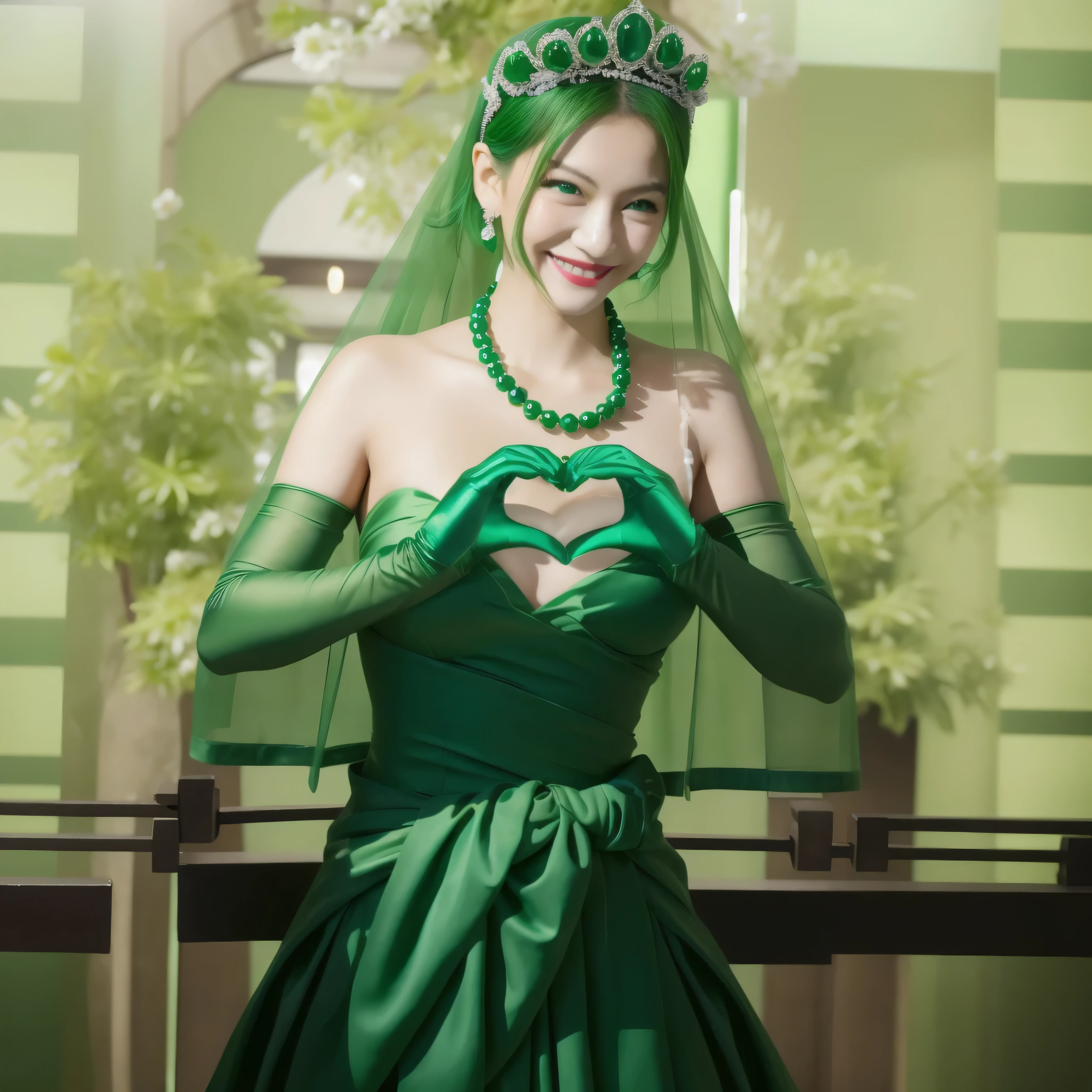 Emerald tiara, Green Pearl Necklace, Boyish very short green hair, Green Lips, Smiling Japanese woman, Very short hair, Busty beautiful lady, Green Eyes, Green satin long gloves, Green Eyes, Emerald Earrings, Green Veil, Heart with both hands, Green Hair, Beautiful Japanese Woman, Heart shaped hands:1.3, green lip gloss