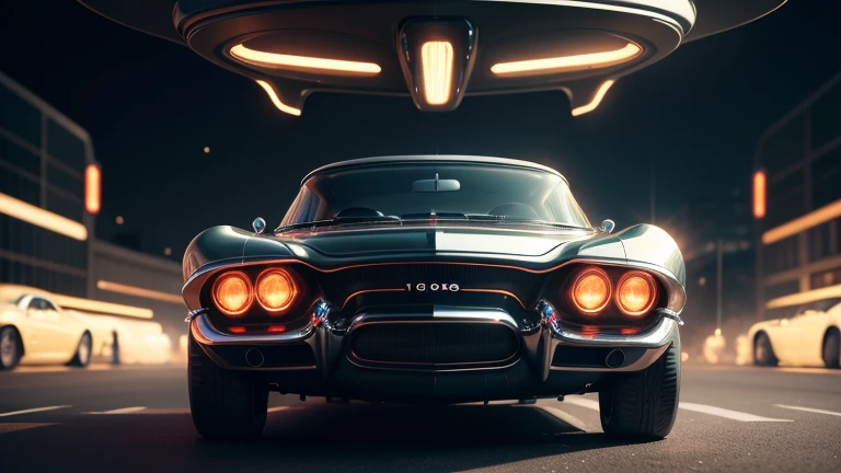 1960s luxury retro futuristic sedan, highly detailed, 8k, hyperrealistic, intricate details, glossy finish, dynamic rear view perspective, dramatic lighting, vibrant colors, cinematic composition, elegant design, chrome accents, smooth curves, advanced technology, floating car, hovering effect, glowing neon lights, science fiction, concept art