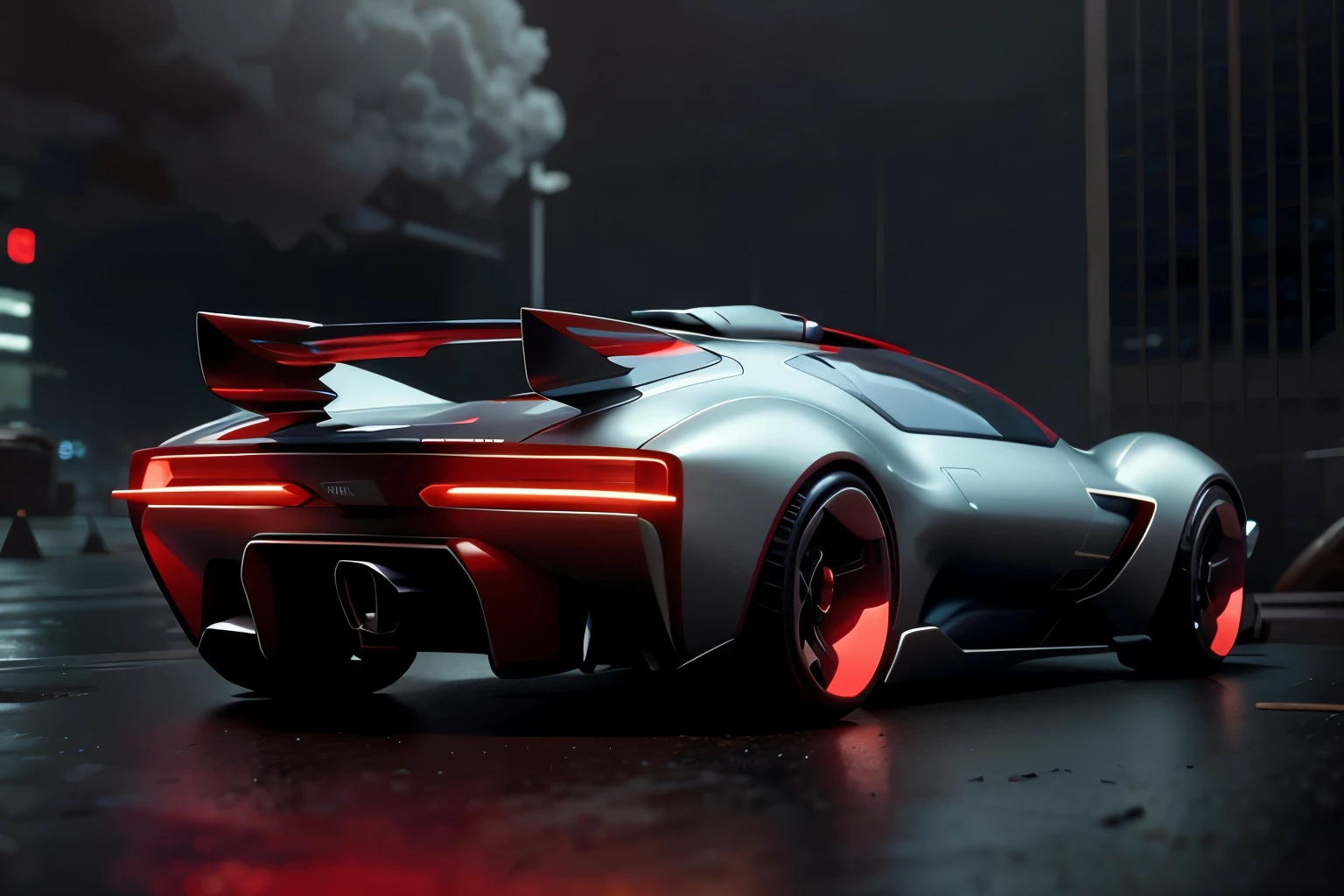 Plastics technology, Synthetic, Science Fiction,Concept car in cyberpunk street city at night, Neon, rain, FOG, detailed, Wheels within wheels
