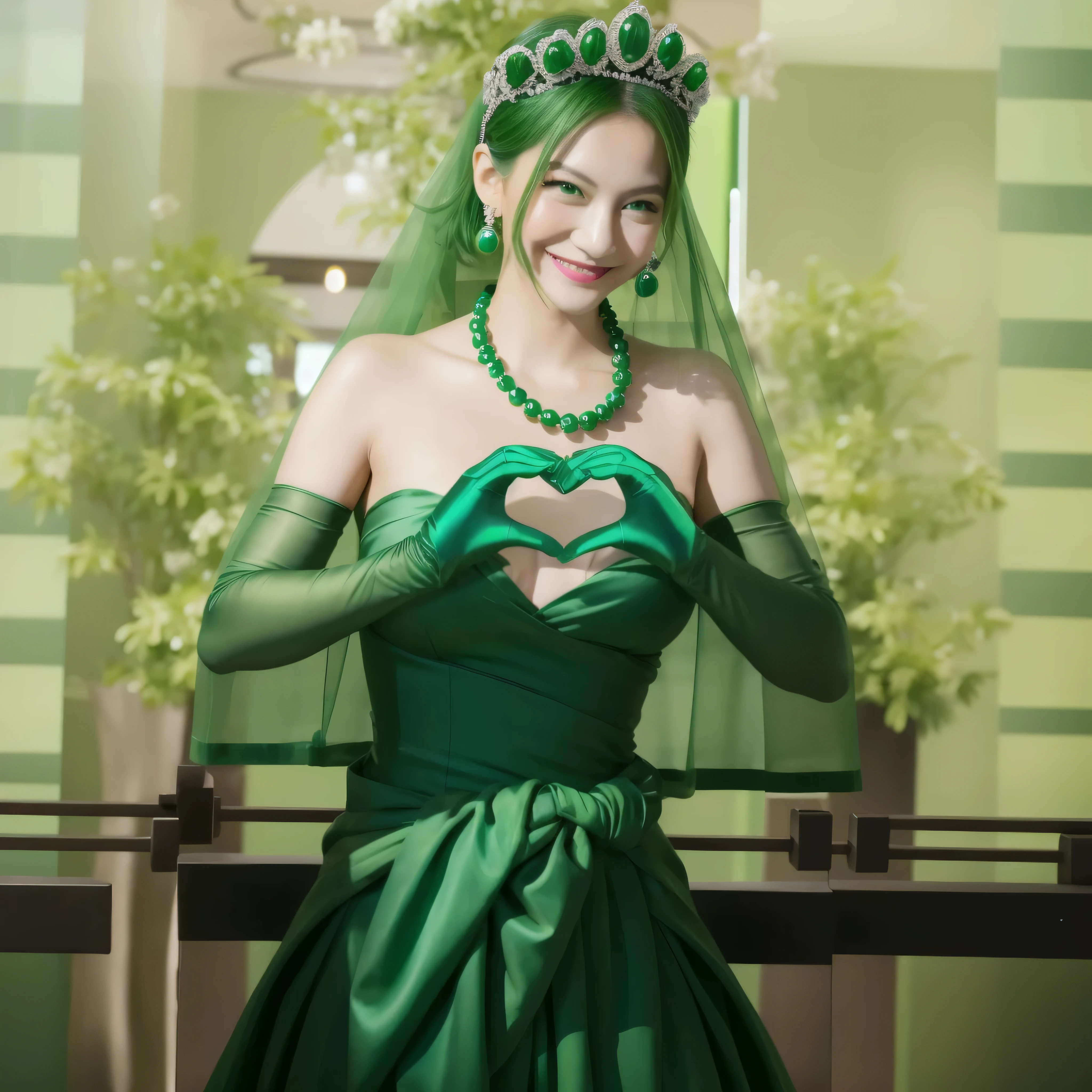 Emerald tiara, Green Pearl Necklace, Boyish very short green hair, Green Lips, Smiling Japanese woman, Very short hair, Busty beautiful lady, Green Eyes, Green satin long gloves, Green Eyes, Emerald Earrings, Green Veil, Heart with both hands, Green Hair, Beautiful Japanese Woman, Heart shaped hands:1.3, green lip gloss