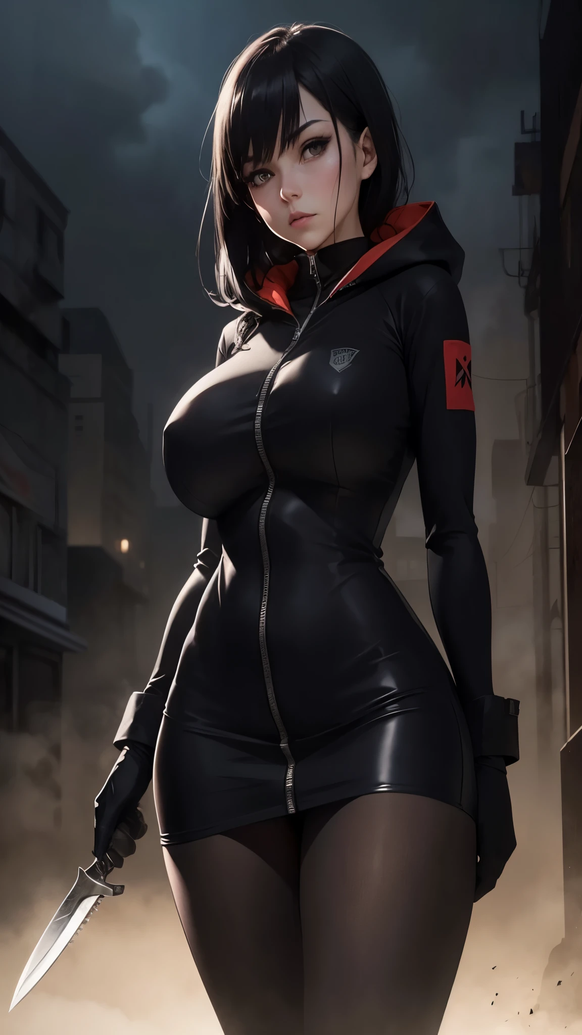Silent hill city, fog, huge boobs, huge hips, darkness woman black hair, full zip coat black, long polo shirt, pencil mini skirt, pantyhose, hood, gloves, knife, fog, strong stance,