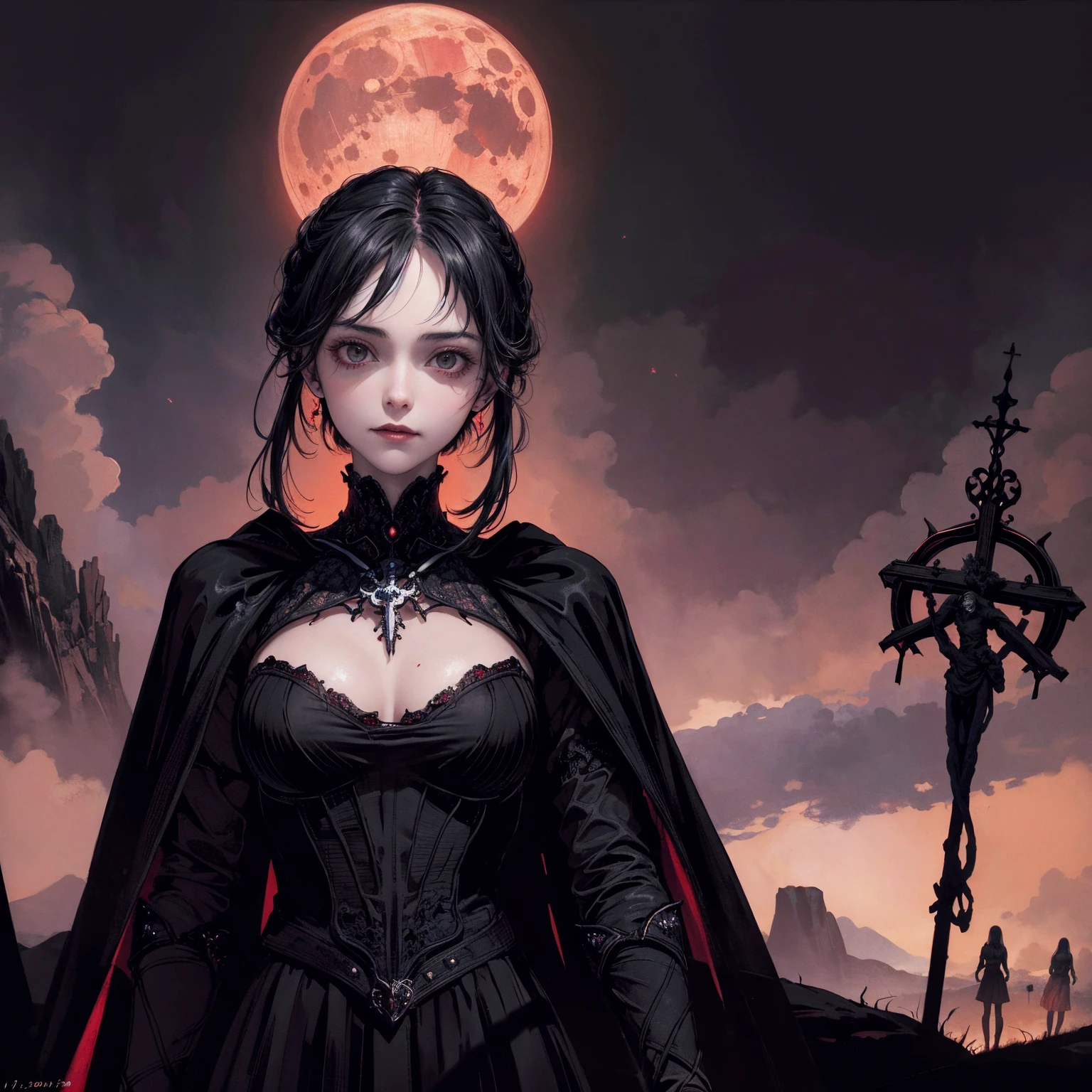 best quality, 4k, high resolution, masterpiece:1.2, Very detailed, actual:1.37, Mood lighting, girl, Dangerous smiles, Crucified, Pitch black sky, Red Moonlight, strange atmosphere, Gothic style, Unforgettable beauty, Dramatic shadows, Ethereal Light, Mysterious atmosphere.