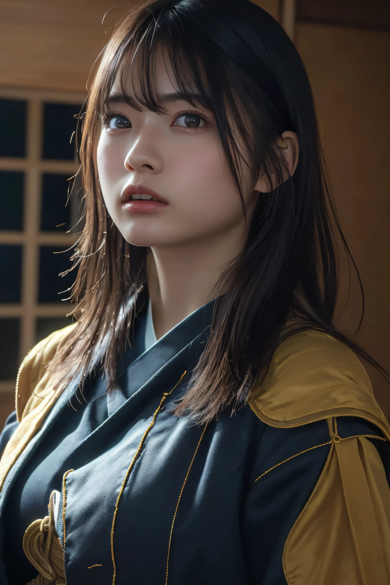 (best quality:1.4),(masterpiece:1.4),(photorealistic:1.4),(Realistic:1.2),(ultra high res, raw photo:1.4),(hdr, hyperdetailed:1.2),(8K:1.2),cinematic photo,photo of black hair,1girl,solo,wearing ,((Japanese Female Warrior:1.3))、((Upper Body:1.3))