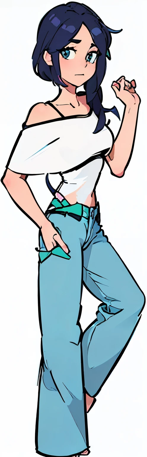Cartoon of a woman wearing white shirt and blue pants, Digital Color, Cartoon shading art style, ( ( ( wear jeans ) ) ), Full body close-up, rotoscoped, Full body details, Shrink the whole body, drawn with photoshop, Hands on hips, Close-up half-length photo, Adult cartoon animation