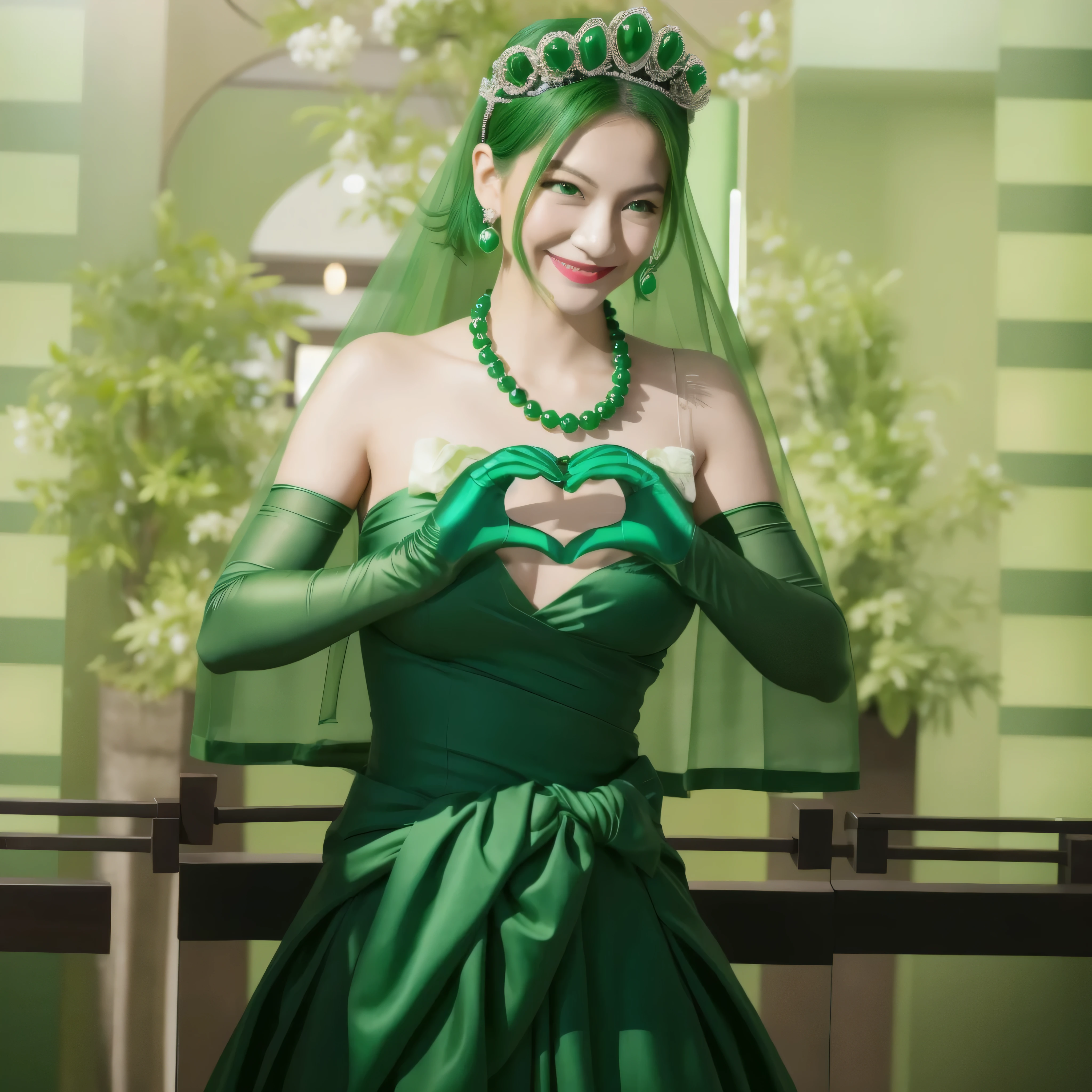 Emerald tiara, Green Pearl Necklace, Boyish very short green hair, Green Lips, Smiling Japanese woman, Very short hair, Busty beautiful lady, Green Eyes, Green satin long gloves, Green Eyes, Emerald Earrings, Green Veil, Heart with both hands, Green Hair, Beautiful Japanese Woman, Heart shaped hands:1.3, green lip gloss