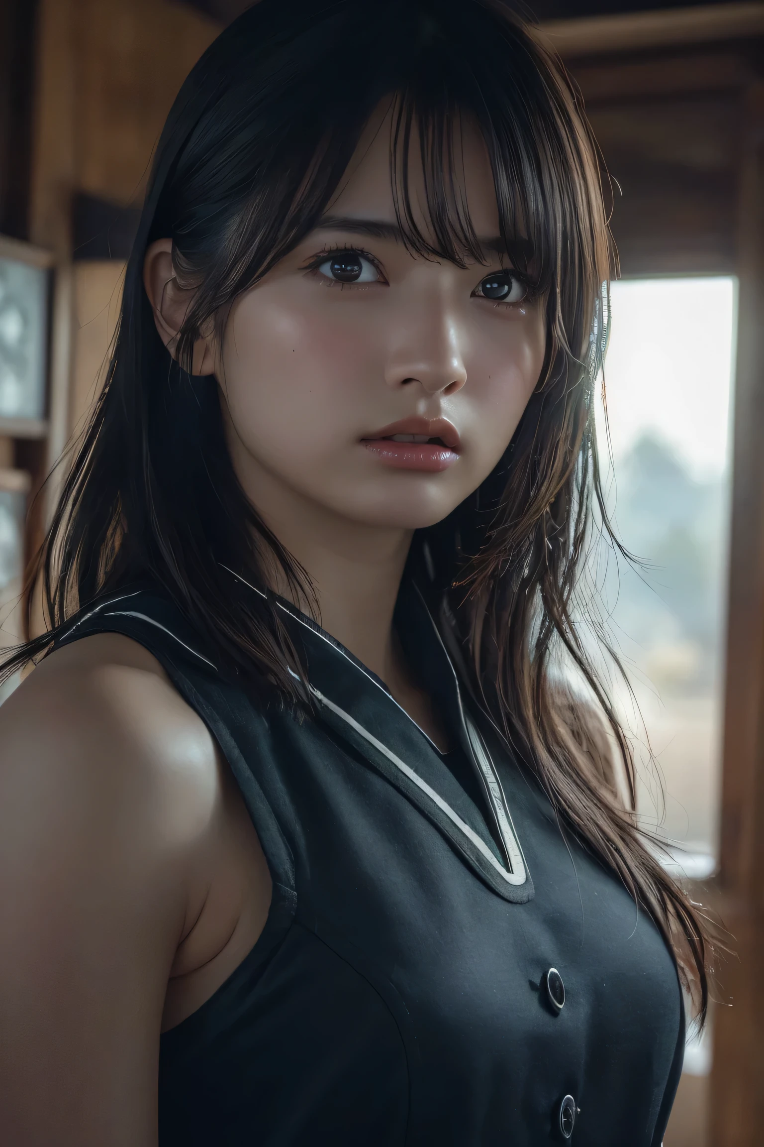 (best quality:1.4),(masterpiece:1.4),(photorealistic:1.4),(Realistic:1.2),(ultra high res, raw photo:1.4),(hdr, hyperdetailed:1.2),(8K:1.2),cinematic photo,photo of black hair,1girl,solo,wearing ,((Female Warrior:1.3))、((Upper Body:1.3))