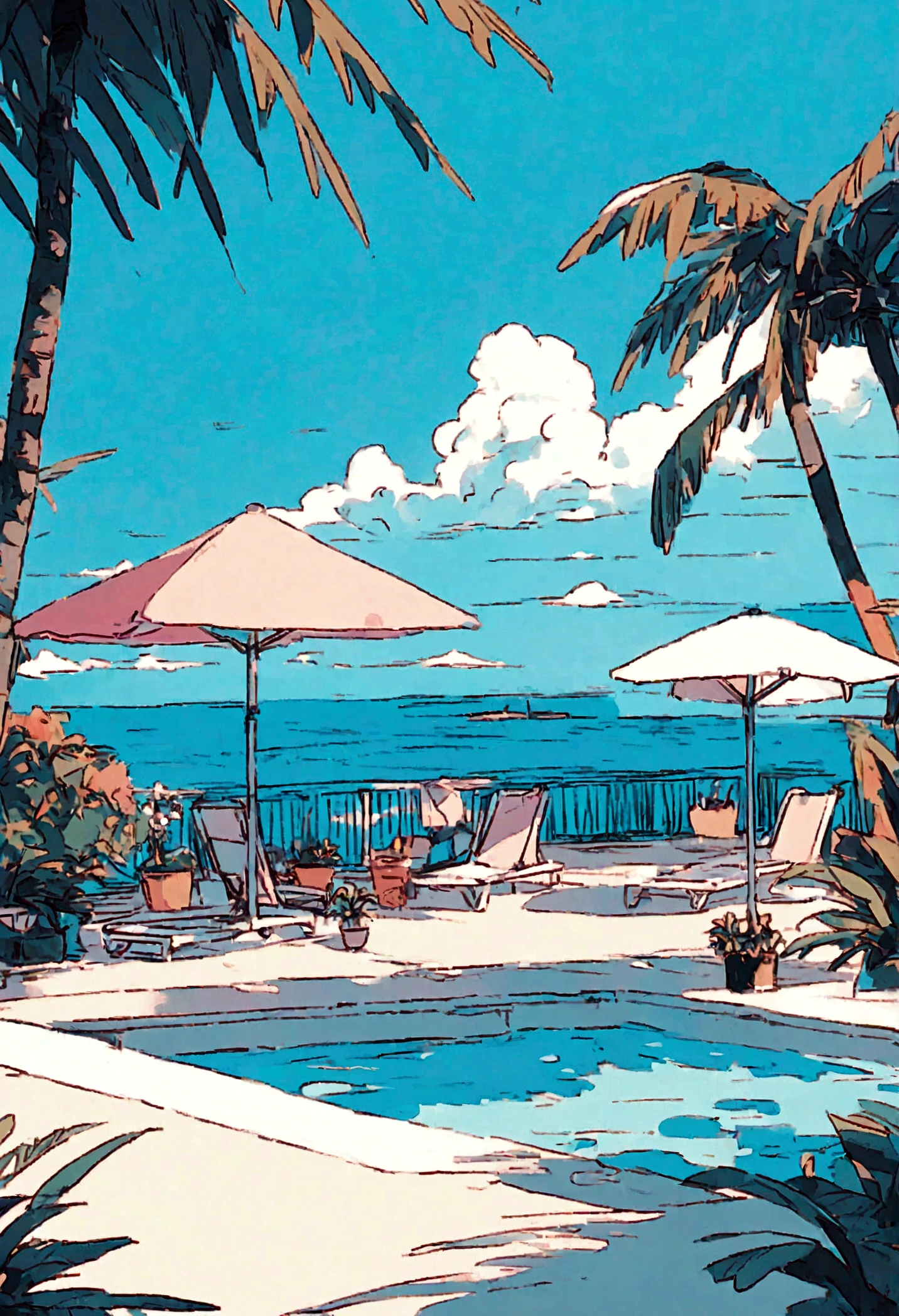 High definition,8K,landscape,A worldview similar to A Long Vacation,Tropical mood,Poolside,flower,green、pink、white,夏の西海岸やPoolsideをモチーフ夏の西海岸やPoolsideをモチーフ,An illustration,pastel colour,You can see the ocean,Pop Art、Anime-like,male、Beach chair looking at the ocean