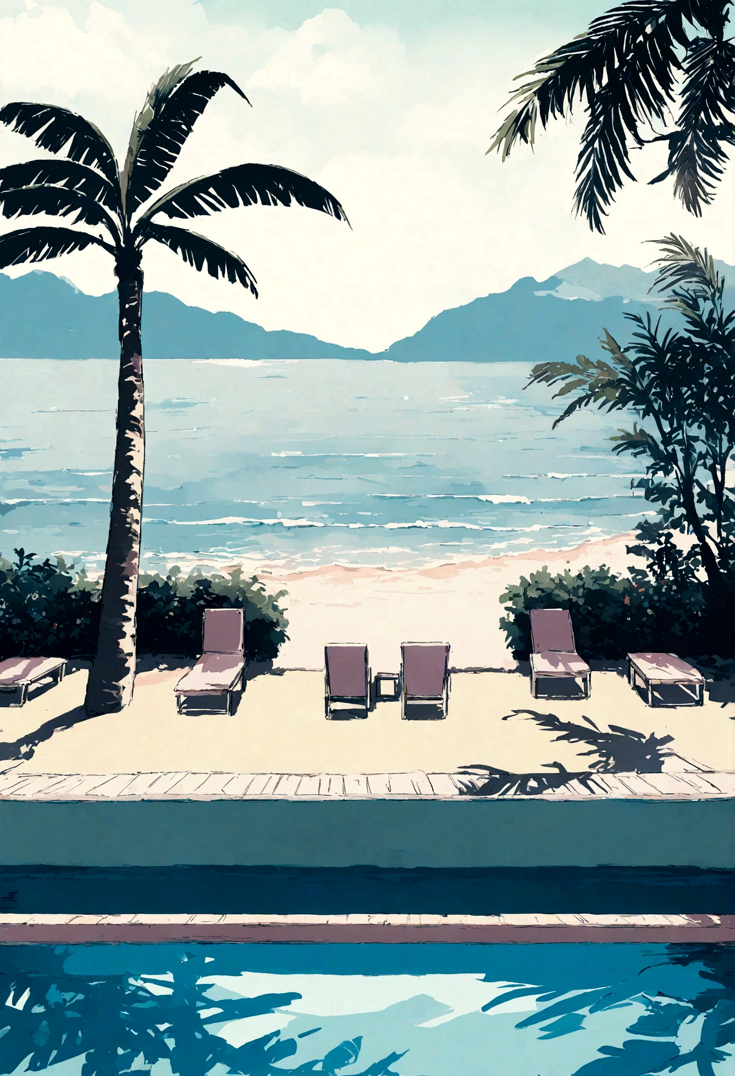 High definition,8K，landscape,A worldview similar to A Long Vacation,Tropical mood,Poolside,flower,green、pink、white,夏の西海岸やPoolsideをモチーフ夏の西海岸やPoolsideをモチーフ,An illustration,pastel colour,You can see the ocean,Pop Art、Anime-like,male、Beach chair looking at the ocean
