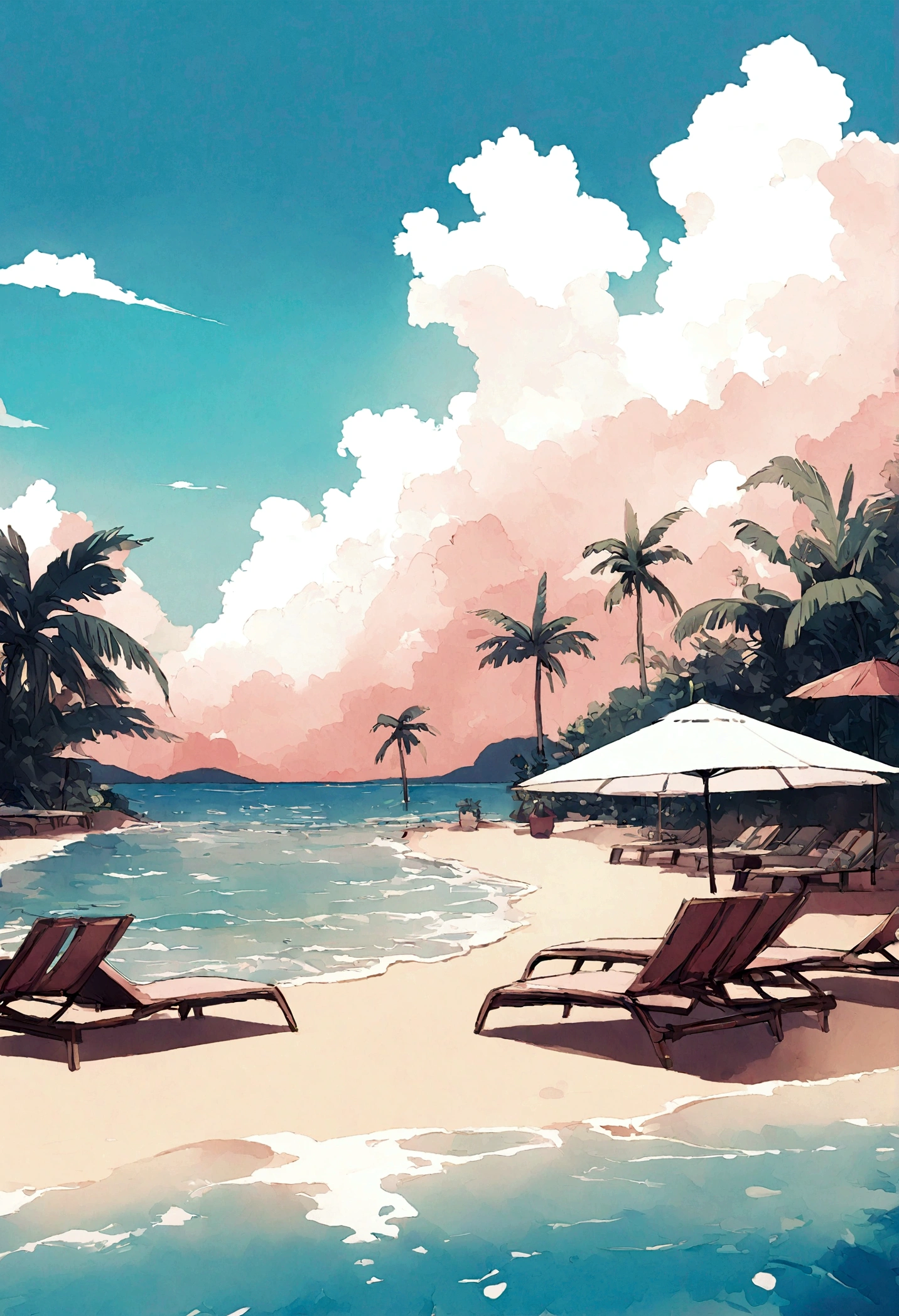 High definition,8K,landscape,A worldview similar to A Long Vacation,Tropical mood,Poolside,flower,green、pink、white,夏の西海岸やPoolsideをモチーフ夏の西海岸やPoolsideをモチーフ,An illustration,pastel colour,You can see the ocean,Pop Art、Anime-like,male、Beach chair looking at the ocean