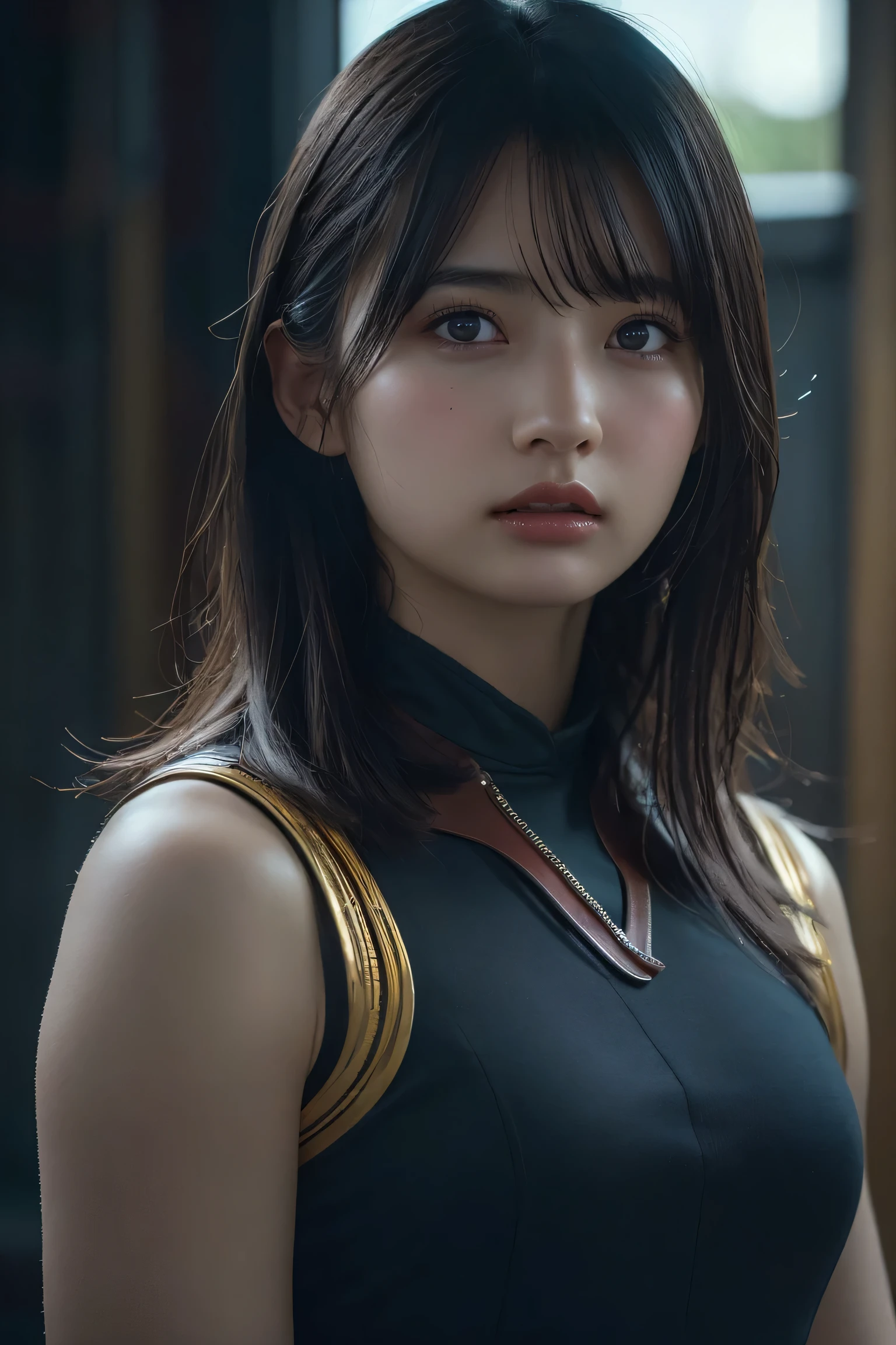 (best quality:1.4),(masterpiece:1.4),(photorealistic:1.4),(Realistic:1.2),(ultra high res, raw photo:1.4),(hdr, hyperdetailed:1.2),(8K:1.2),cinematic photo,photo of black hair,1girl,solo,wearing ,((Female Warrior:1.3))、((Upper Body:1.3))