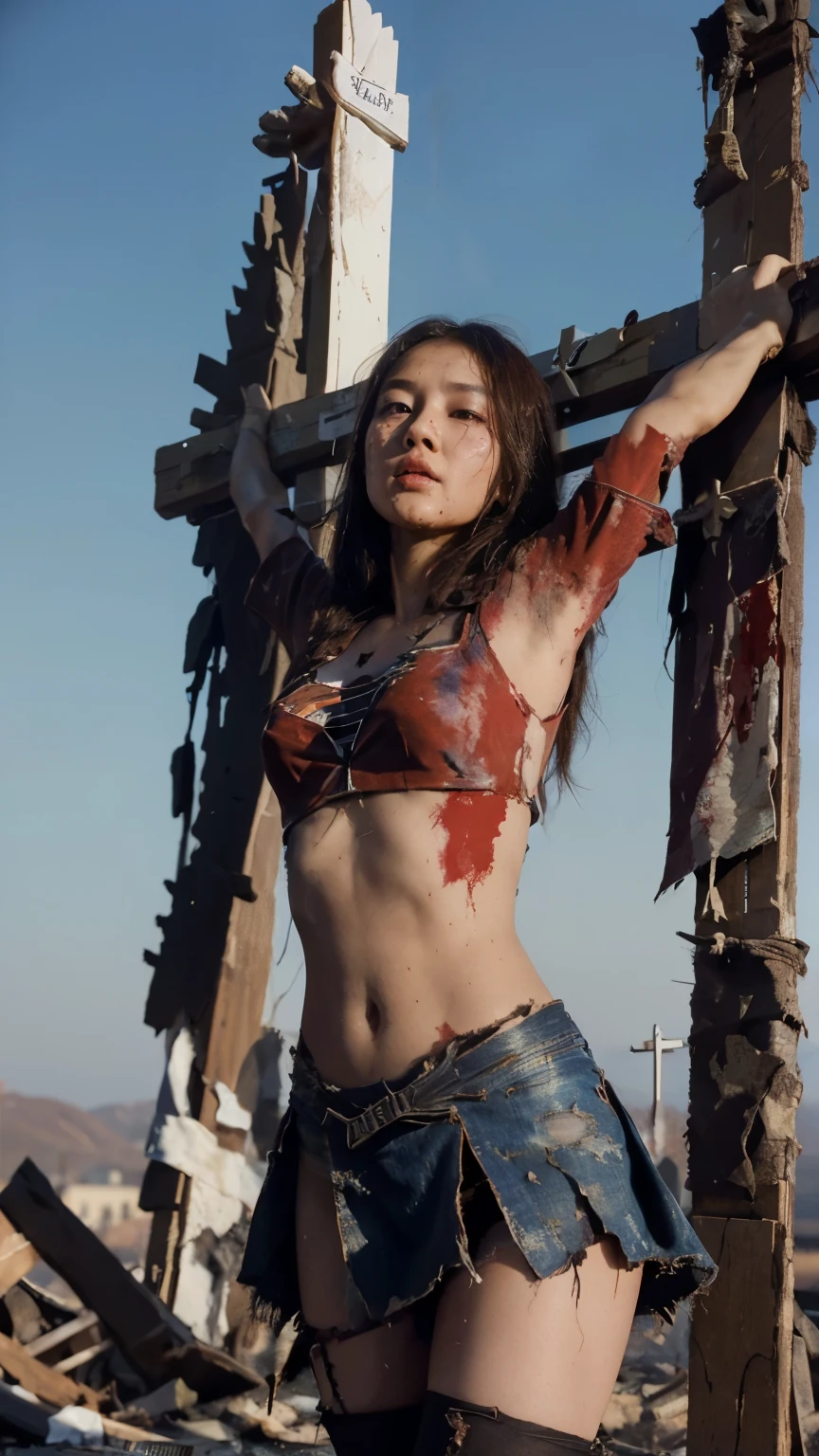 A young korean beauty woman, highest quality,masterpiece,UHD, Super detailed, 8K,(Beautiful woman),(A Beautiful Woman),((crucifixion:1.5)),((cross)),(execution),((Woman in crucifixion at the cross:1.5)),crucifixion刑,((supergirl)),blue suit,Superman logo on chest,red skirt,((torn costume:1.5)),((Tearing of clothes:1.4)),(tattered clothes),beauty face,顔にtraces of being beaten,((bruises on body)),scars on body,injured face and body,(Bruise, dirty, torn clothes, revealing clothes, Blood:1.3),traces of being beaten,Defeated heroine,a devastated world,ruins,abandoned building,(burning at the stake),((roasted over fire:1.2)), (close your eyes, open your mouth))