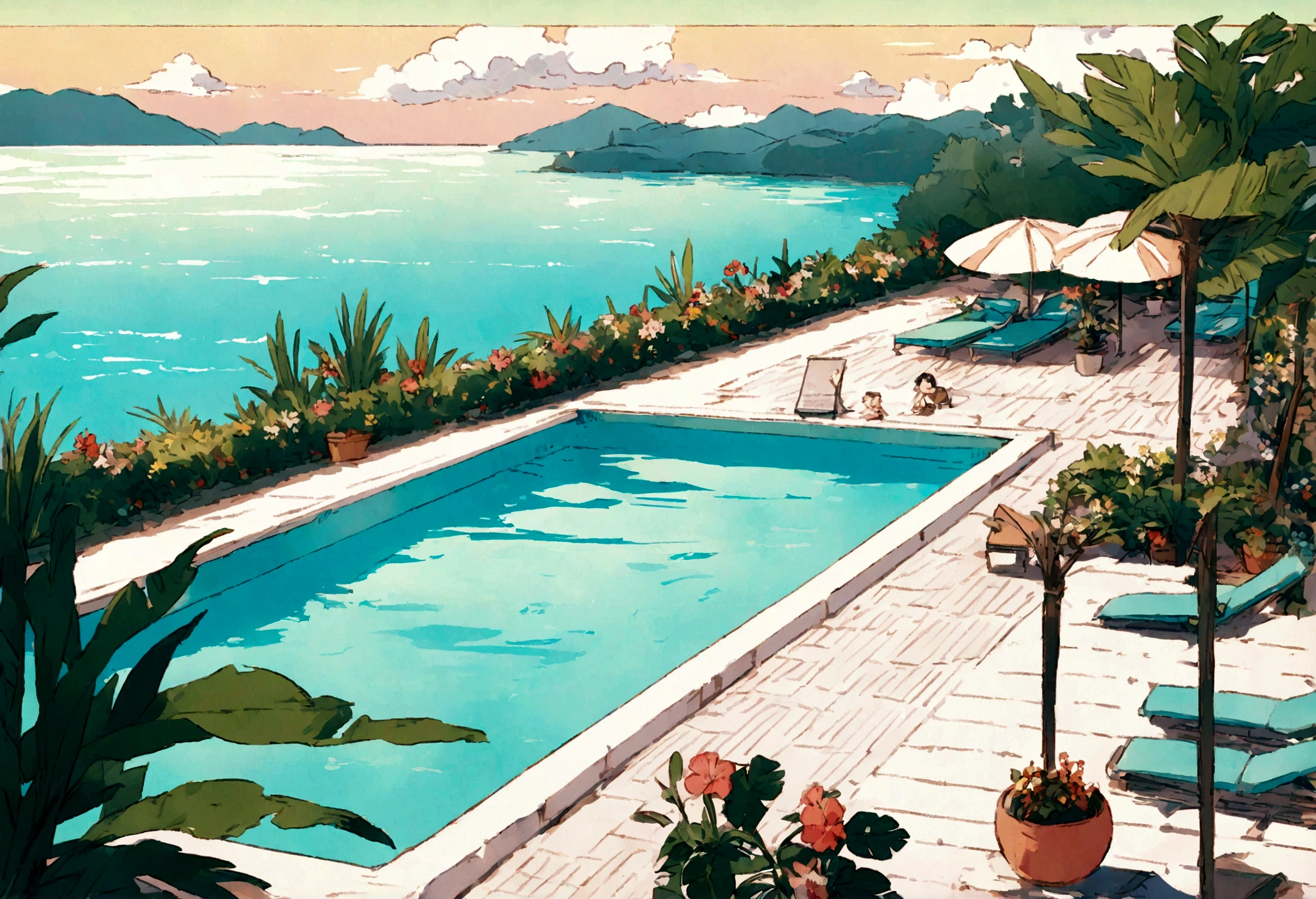 High definition,8K,landscape,A worldview similar to A Long Vacation,Tropical mood,Poolside,flower,green、pink、white,夏の西海岸やPoolsideをモチーフ夏の西海岸やPoolsideをモチーフ,An illustration,pastel colour,You can see the ocean,Pop Art、Anime-like,male、Beach chair looking at the ocean
