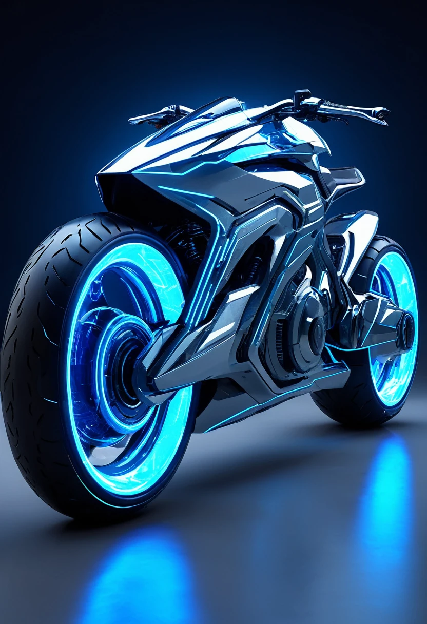 Generate an image of a futuristic motor bike with emitting blue light from wheels