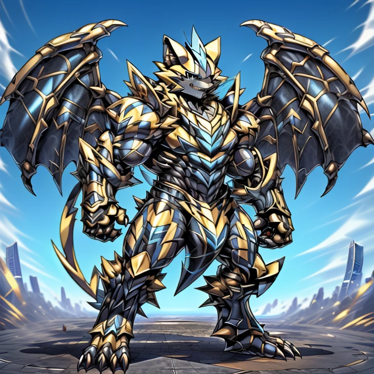 (ZERAORA, 8K), (giant zeraora, Zeraora's giant robot, Powered exoskeleton with the same design as Zeraora), (Masterpiece, highres) (Detailed head, Detailed Body, Detailed abs, full body) (gigantic muscles, Gigachad Muscular, big muscle, pecs, triceps, traps, unusually developed muscular body, body full of huge muscles. showing off muscles, pectorales enormes, Exaggeratedly huge muscles.)
(nj5furry, The claws are sharp, Sharp teeth, sharp claws), (long legs, giant), (Spread wings, It has wings, have big wings, golden wings),
(whole body shines like metal, Wearing cyberpunk mecha, emphasizes the muscles, suit fully made of metal, intricate armor, Robotic suit, suit fully made of metal, cyborg),
(black color hyper penis, hyper black penis), menacing pose, (giant monster spider image zeraora in the city, zeraora towering over new york),