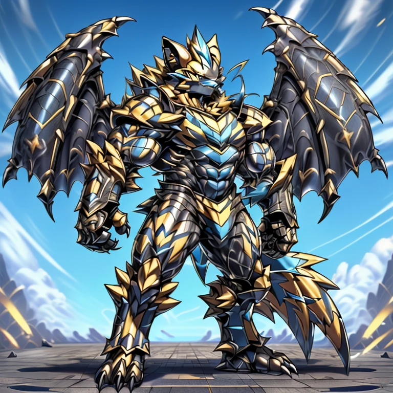 (ZERAORA, 8K), (giant zeraora, Zeraora's giant robot, Powered exoskeleton with the same design as Zeraora), (Masterpiece, highres) (Detailed head, Detailed Body, Detailed abs, full body) (gigantic muscles, Gigachad Muscular, big muscle, pecs, triceps, traps, unusually developed muscular body, body full of huge muscles. showing off muscles, pectorales enormes, Exaggeratedly huge muscles.) 
(nj5furry, The claws are sharp, Sharp teeth, sharp claws), (long legs, giant), (Spread wings, It has wings, have big wings, golden wings), 
(whole body shines like metal, Wearing cyberpunk mecha, emphasizes the muscles, suit fully made of metal, intricate armor, Robotic suit, suit fully made of metal, cyborg), 
(black color hyper penis, hyper black penis), menacing pose, (giant monster spider image zeraora in the city, zeraora towering over new york),