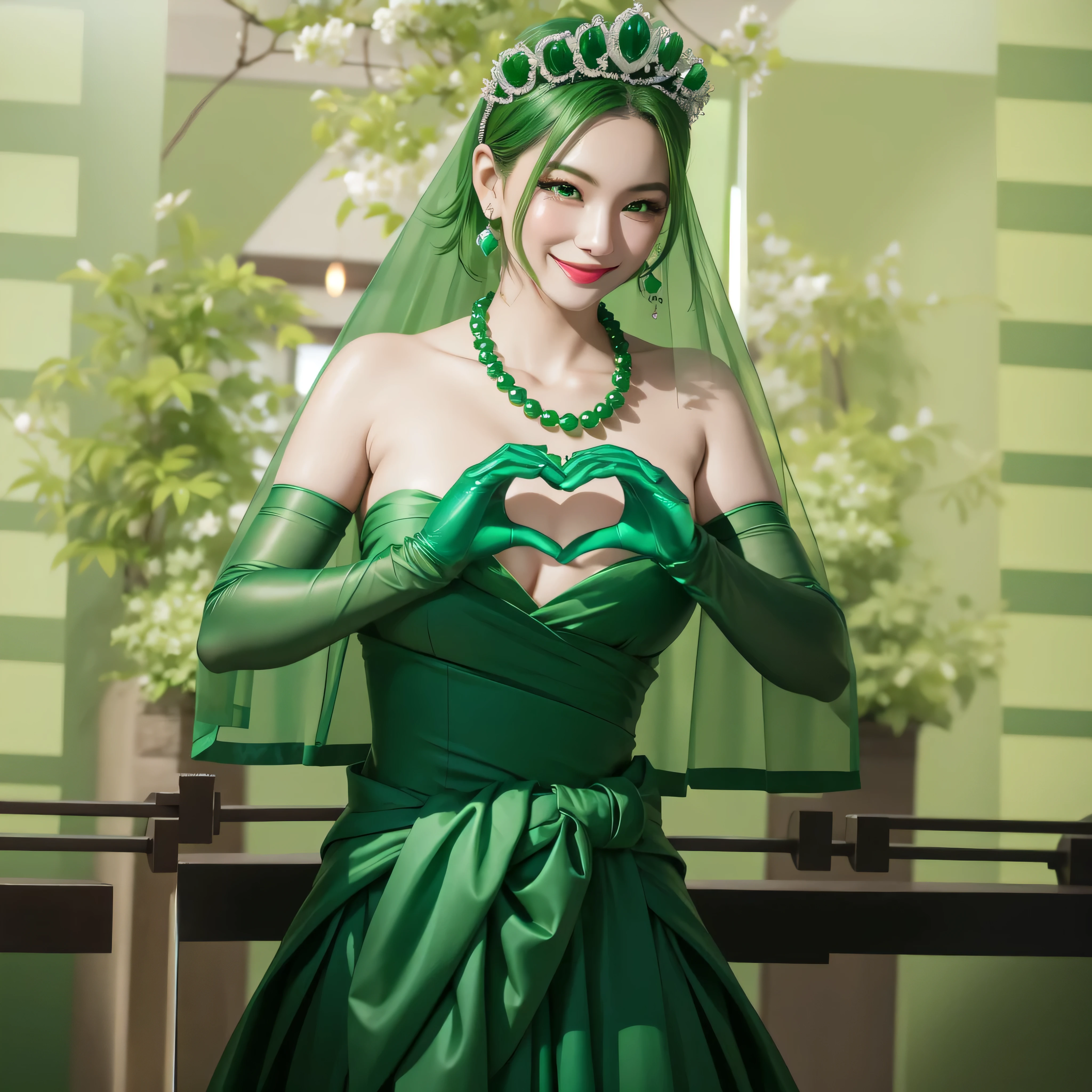 Emerald tiara, Green Pearl Necklace, Boyish very short green hair, Green Lips, Smiling Japanese woman, Very short hair, Busty beautiful lady, Green Eyes, Green satin long gloves, Green Eyes, Emerald Earrings, Green Veil, Heart with both hands, Green Hair, Beautiful Japanese Woman, Heart shaped hands:1.3, green lip gloss