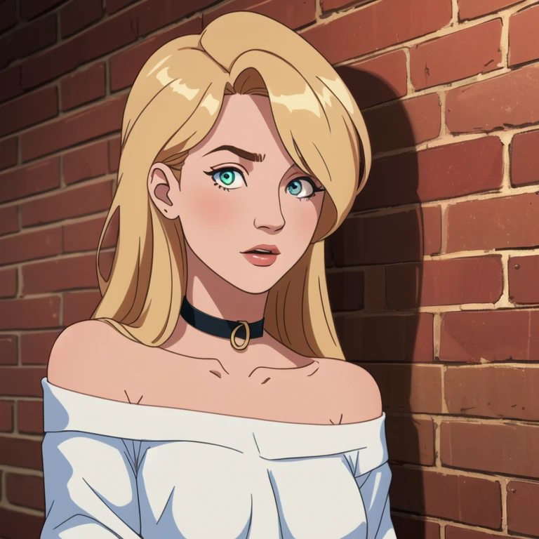 ultra realistic 8k cg, masterpiece, ((ultra detailed background, delicate pattern, intricate detail)), best quality, intricate details, chromatic aberration, 1girl, long hair, golden hair, messy hair, red highlights, hair over one eye, sharp eyes, choker, brick wall, graffiti, dim lighting, alley, oversized shirt,off shoulder, see through white shirt, Masterpiece, best quality