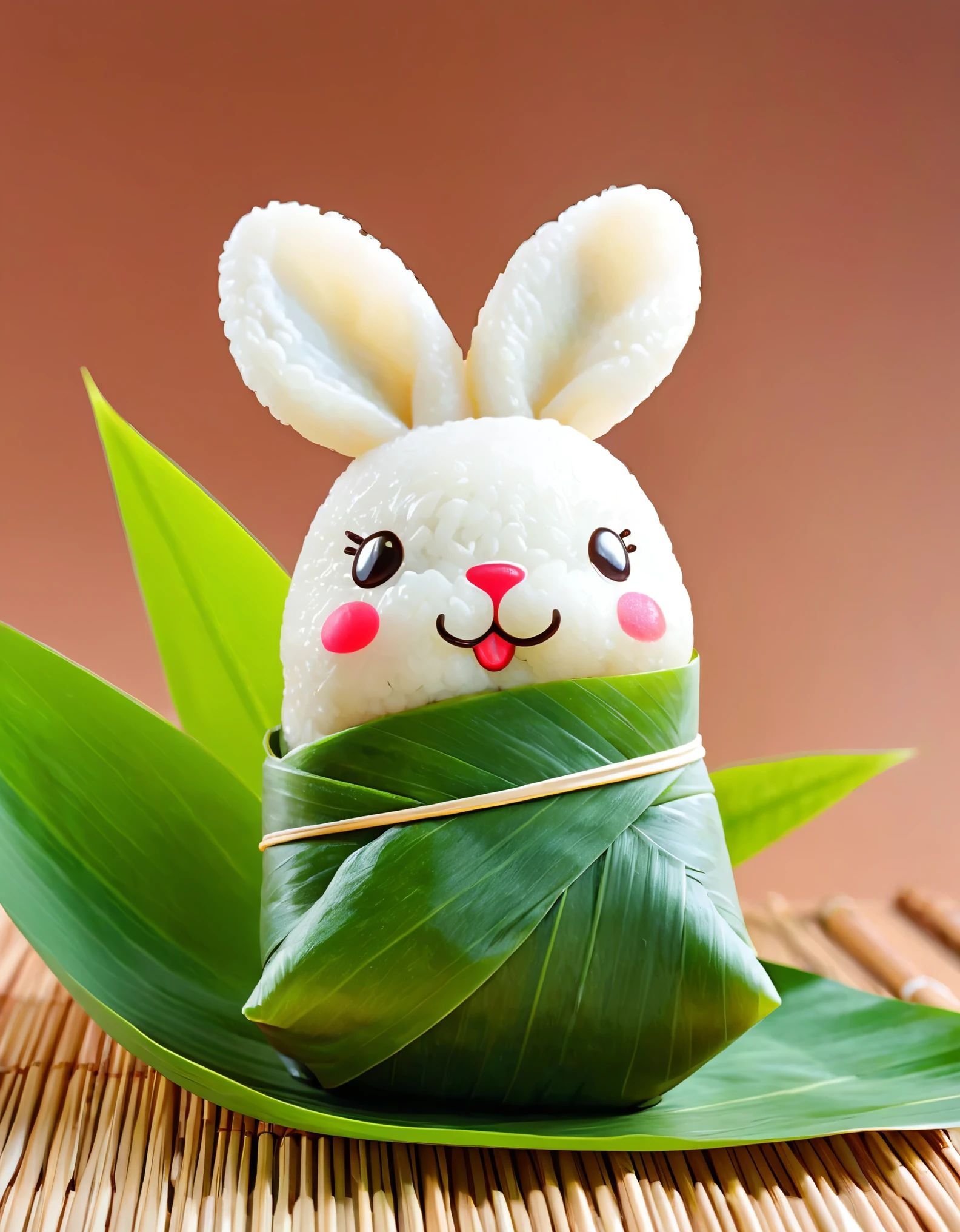 A rabbit-shaped rice dumpling, (((the lower half of the body is wrapped in tapered leaves))), made of glutinous rice, has a cute expression, the head sticking out of the leaves, equidistant, cartoon-style, Macro Lens, studio light, bold color scheme