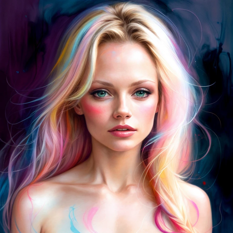 (8k, best quality, masterpiece:1.2),(best quality:1.0), (ultra highres:1.0), pencil colors, Pamela Anderson, shoulder, hair ribbons, by agnes cecile, full body photography, extremely luminous bright design, pastel colors, (ink:1.3), autumn lights, 