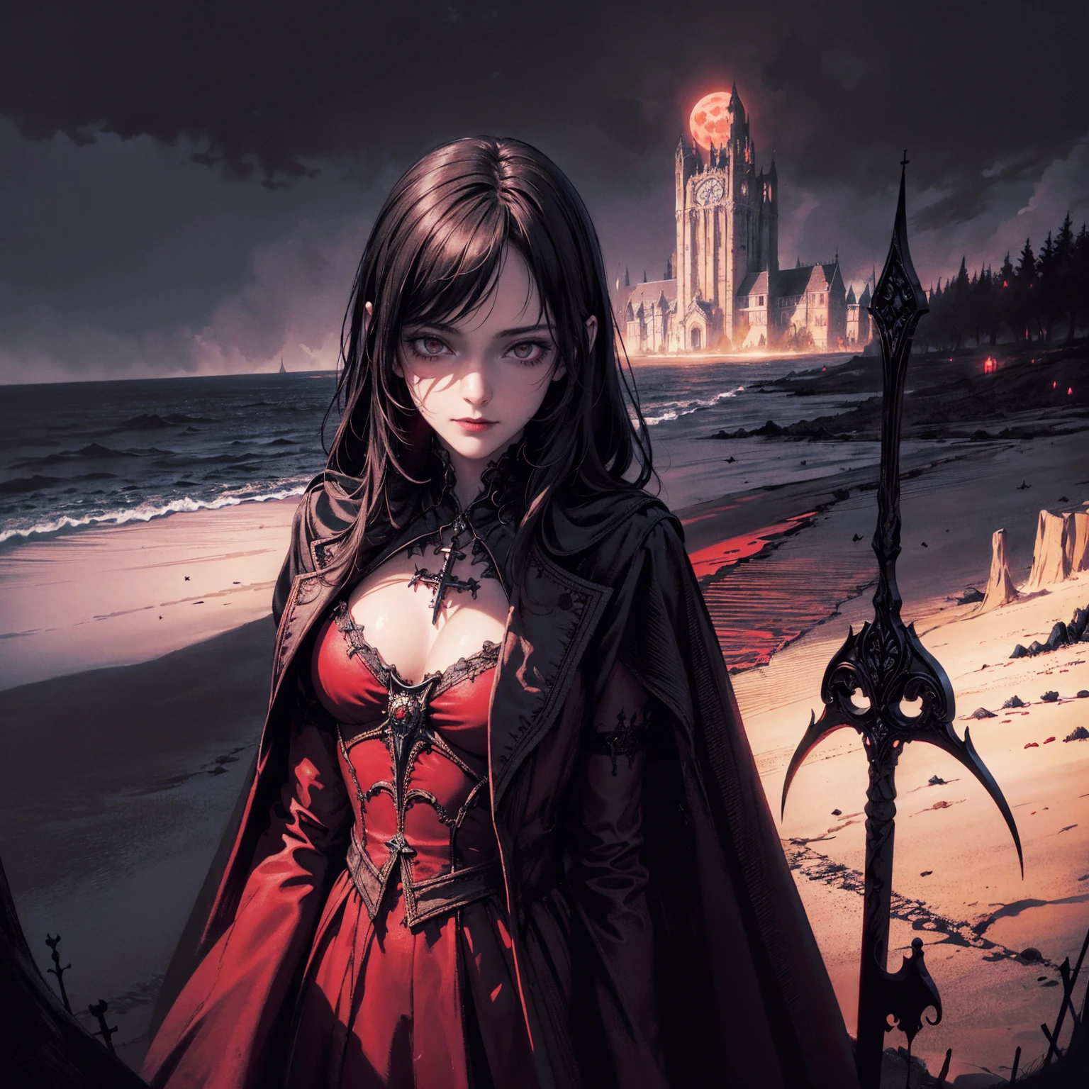 best quality, 4k, high resolution, masterpiece:1.2, Very detailed, actual:1.37, Mood lighting, girl, Dangerous smiles, Crucified, Pitch black sky, Red Moonlight, strange atmosphere, Gothic style, Unforgettable beauty, Dramatic shadows, Ethereal Light, Mysterious atmosphere.