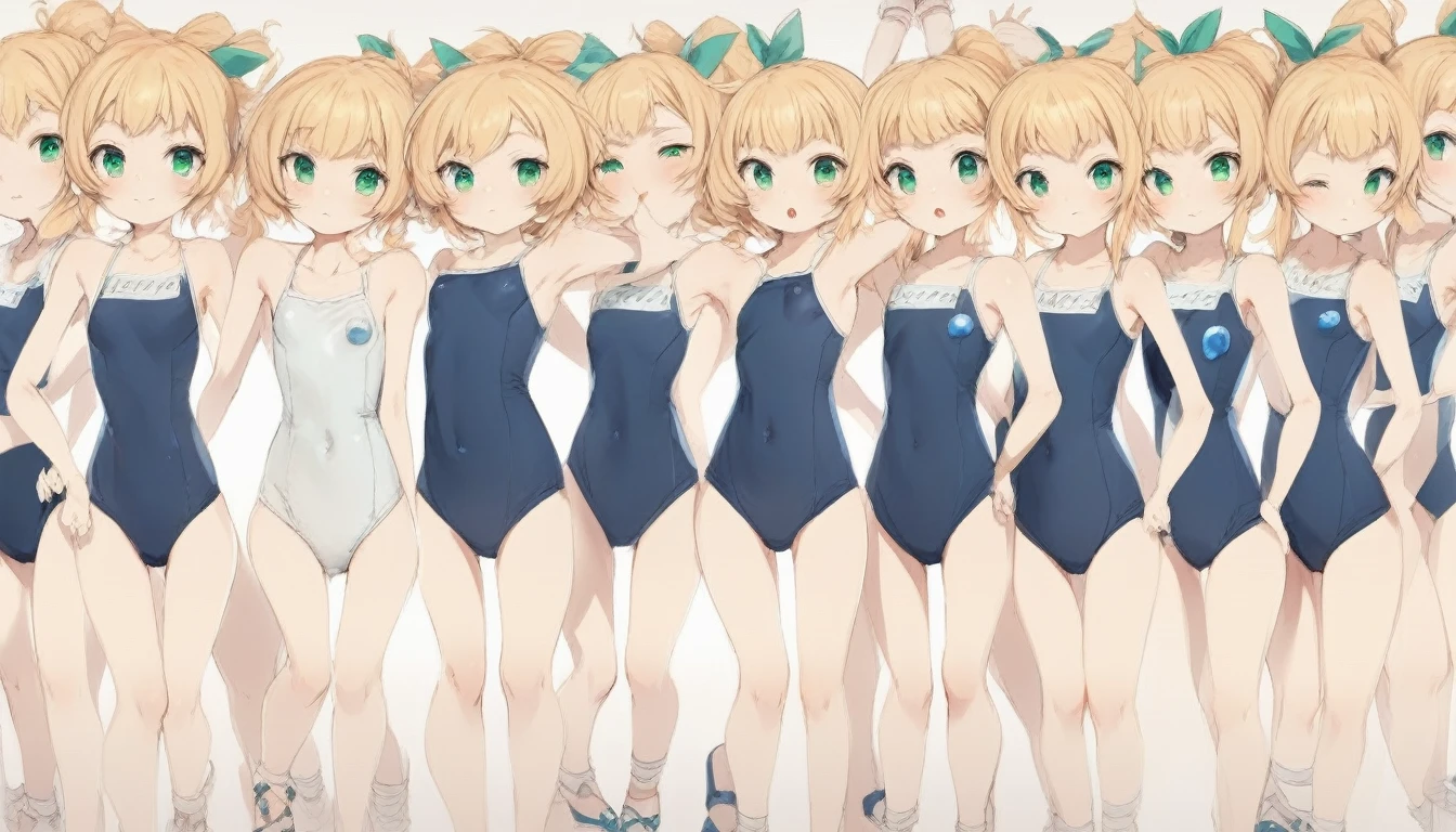 Short stature,flat chest, clone girls, blond hair, green eyes,roll(mega man classic) clones,swimsuit roll(mega man x dive old design) clones,high ponytail hair,Sleeveless navy one piece school swimsuit with white stripes from armpit to flank,white name tag, navy heeled sandals, green ribbon,human appearance,same height,same appearance, same face,fill the entire image, absolutely everyone, many clone, masterpiece, best quality,insanely detailed, 20000+ clone girls, perfect features,multiple clone girls,same school swimsuit,same hair