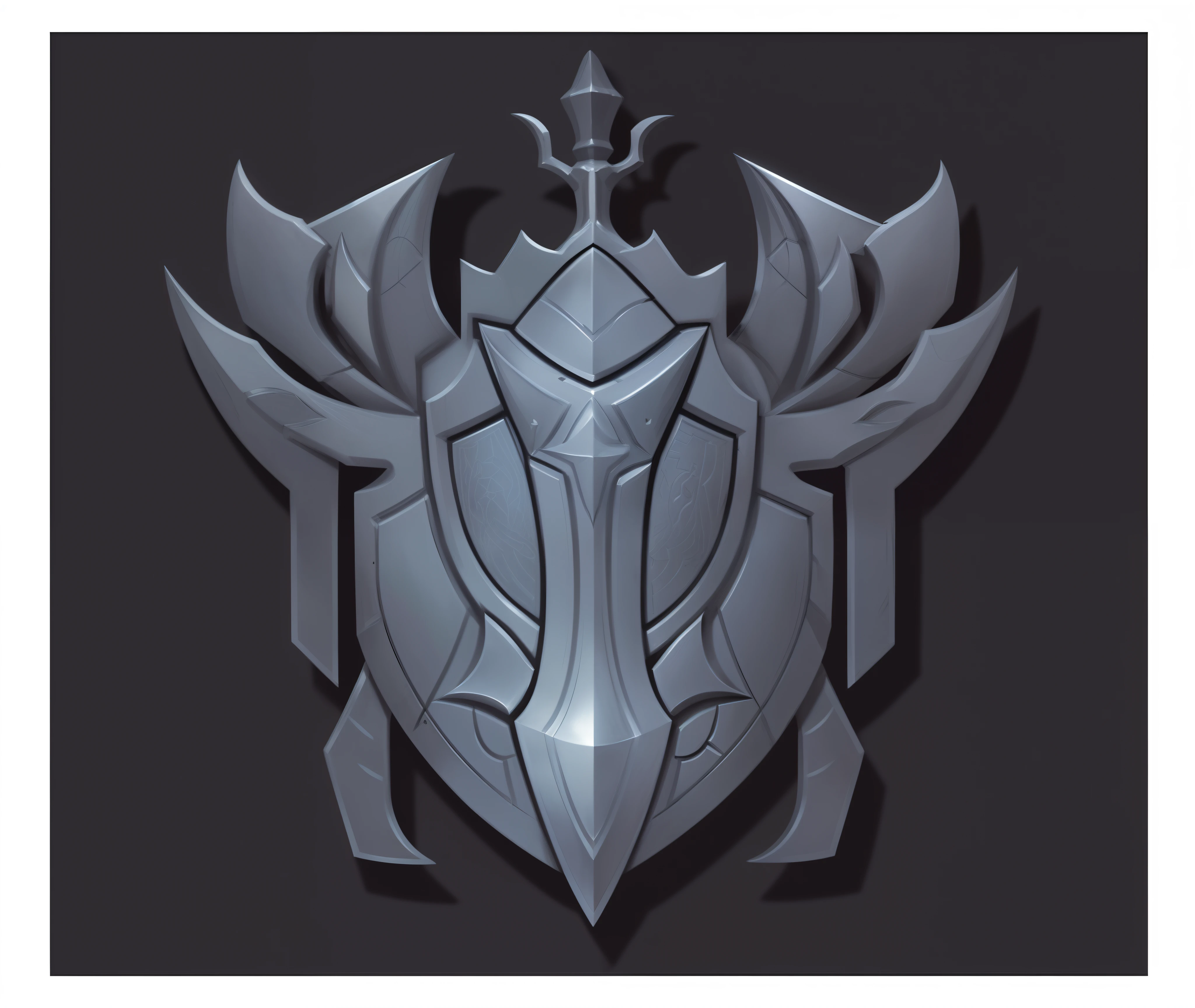 Close-up of metal shield with sword, shield design, symmetric concept art, The sword, ,blade design, simple shading, minimal design armor style, A scene from the《Intrepid Covenant》Omen, lineage 2 revolution style, style of league of legends, emblem of wisdom, concept art style, fantasy shield, Riven, valorant style,Orange colors
