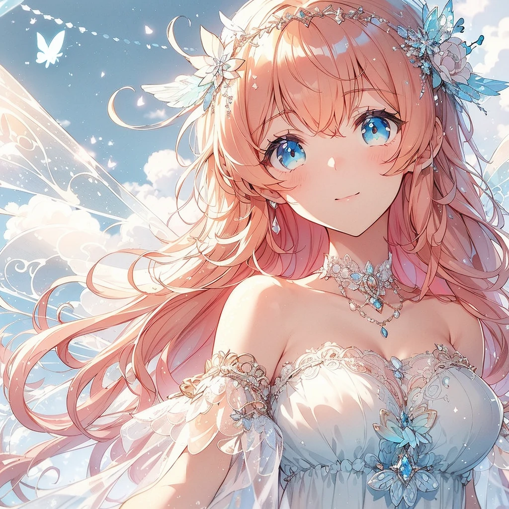 (Exquisite, beautiful, Very detailed, masterpiece, high quality,High resolution),(Well-formed face,Soft and thin lines: 1.2, Beautiful and delicate illustrations with a mature and transparent feel, Pixiv-inspired anime illustration,Cute pastel-colored girl-style illustrations that are going viral among Japanese people on Twitter),A fairy princess with a delicate and beautiful well-formed face,Beautiful Under the blue sky and fluffy clouds, a fairy princess with butterfly-like fairy wings growing from her back is floating in the sky, A little far away so you can see the whole body,Vibrant sky and clouds, Smiling and looking very happy,Diamond tiara, earrings and necklace, A pastel colored ball gown dress with balloon sleeves and fluffy shoulders, decorated with jewels, lace and frills with a cloud motif, and fluffy white marshmallow-like fluttering.,(Beautiful fairy wings like a butterfly growing from its back:1.5), Pale pink cheeks and plump pink lips,Big bust, fair skin, good figure,Fluffy, puffy clouds,Vibrant pastel colors,Gentle sunshine,watercolor style:1.5