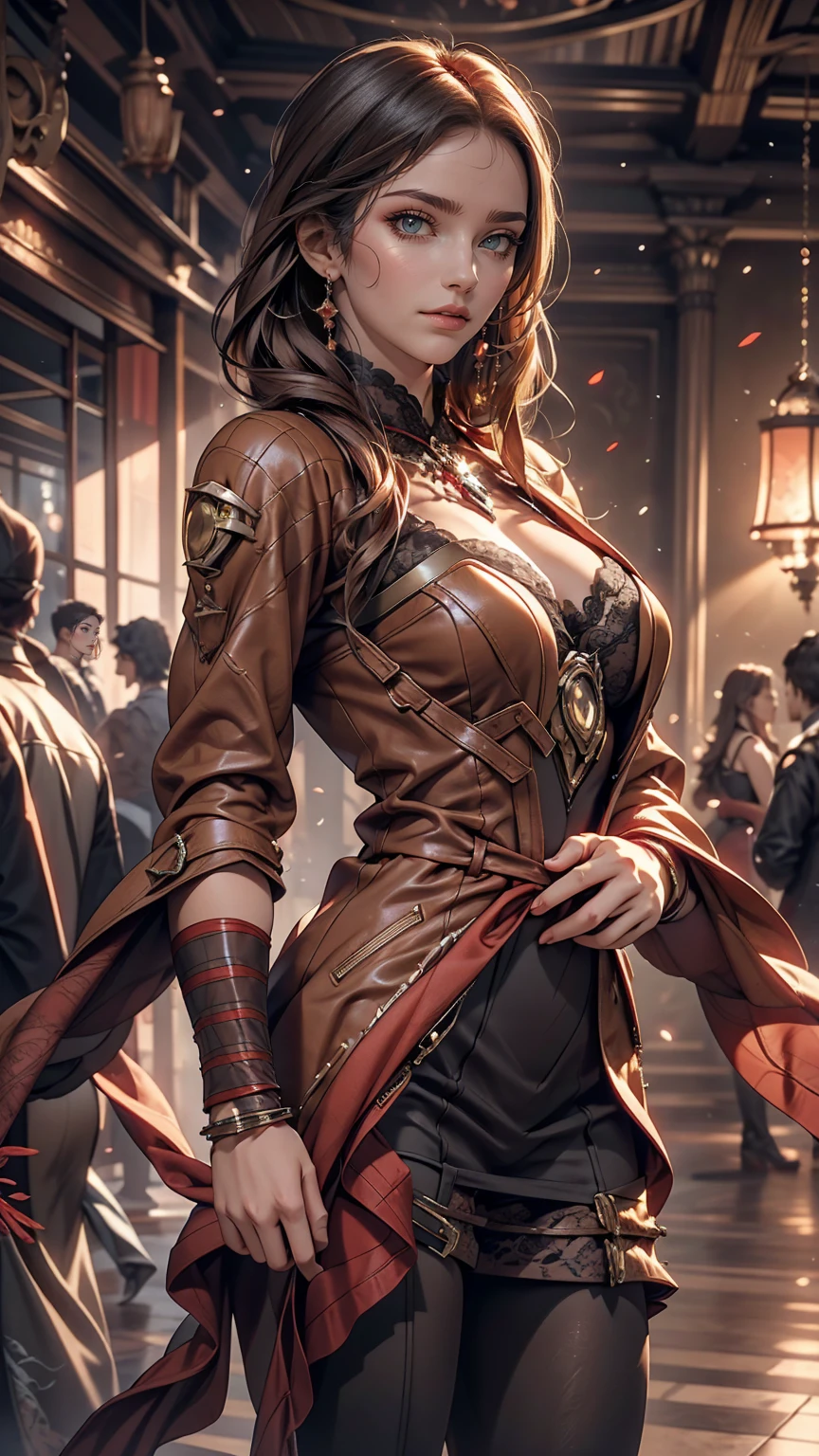 Highly detailed female photos, Lola Elizabeth, Scarlet Witch, the avengers, Wearing a black lace dress, Red leather jacket with an open neckline, 8K Ultra HD, Raw photo, Model photoshoot