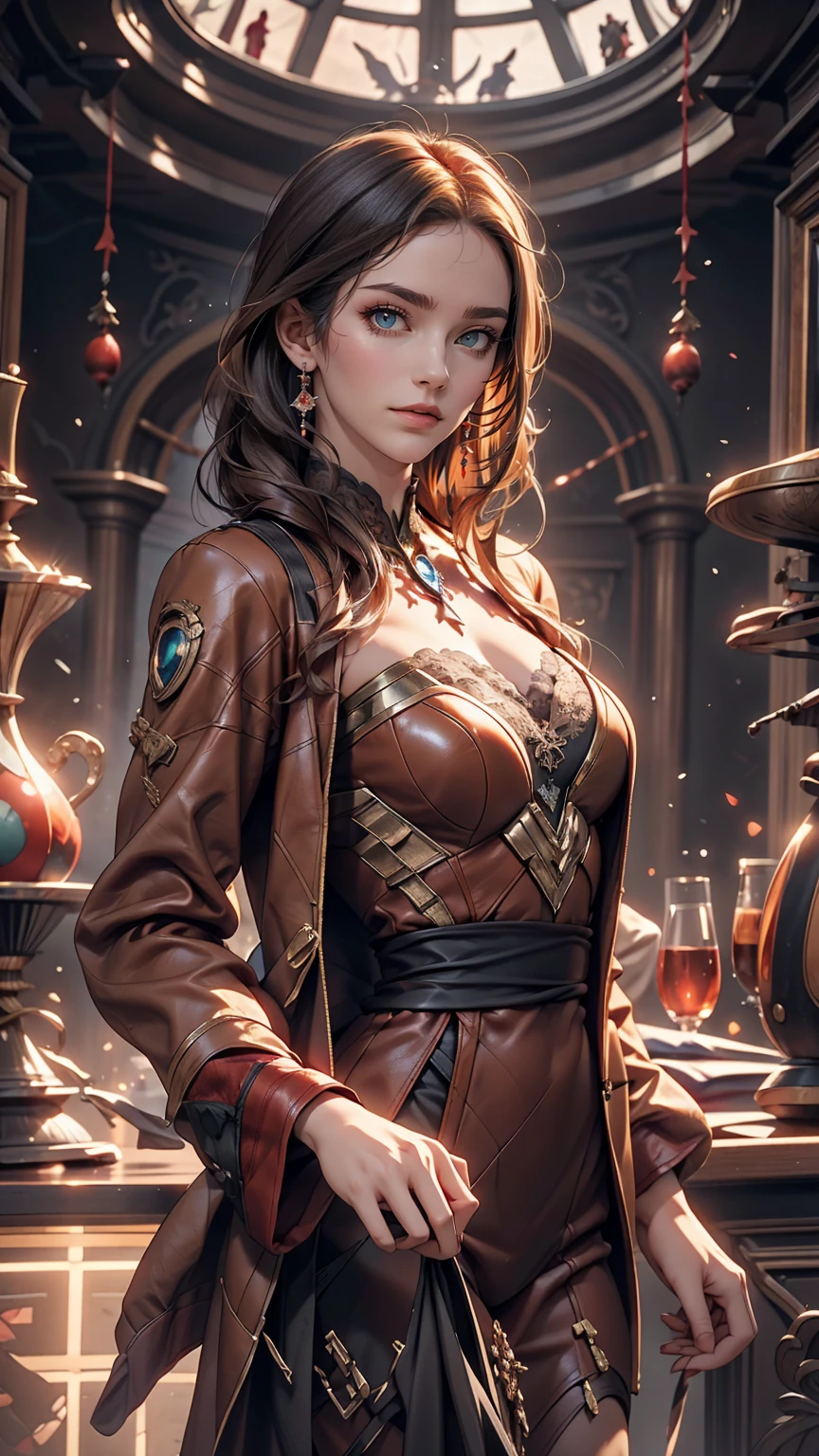 Highly detailed female photos, Lola Elizabeth, Scarlet Witch, the avengers, Wearing a black lace dress, Red leather jacket with an open neckline, 8K Ultra HD, Raw photo, Model photoshoot