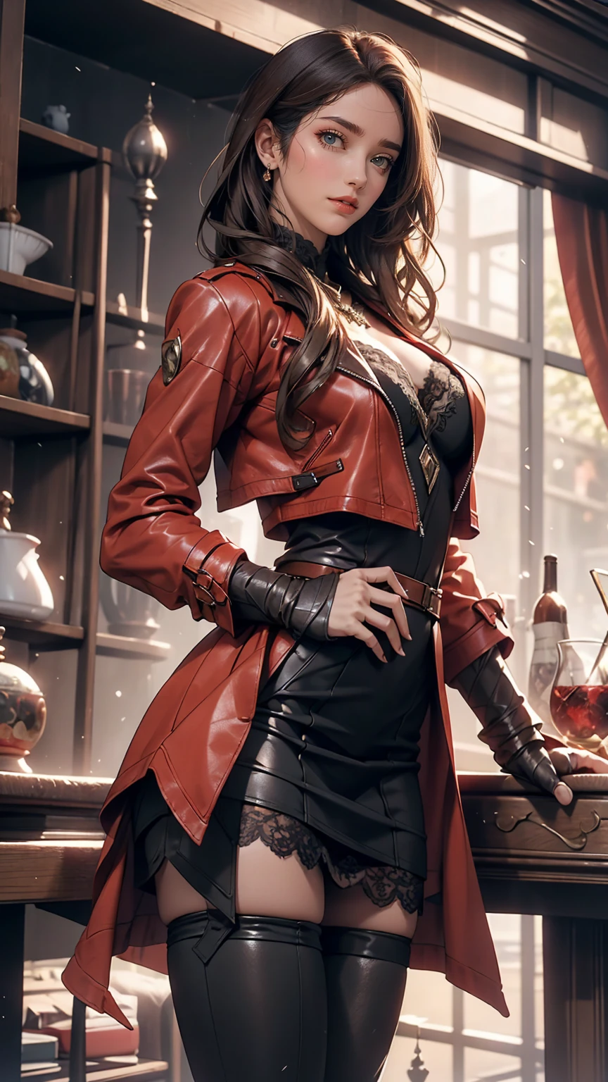 Highly detailed female photos, Lola Elizabeth, Scarlet Witch, the avengers, Wearing a black lace dress, Red leather jacket with an open neckline, 8K Ultra HD, Raw photo, Model photoshoot