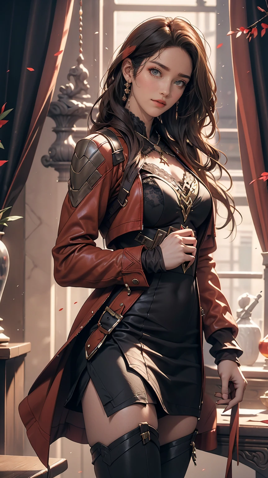 Highly detailed female photos, Lola Elizabeth, Scarlet Witch, the avengers, Wearing a black lace dress, Red leather jacket with an open neckline, 8K Ultra HD, Raw photo, Model photoshoot