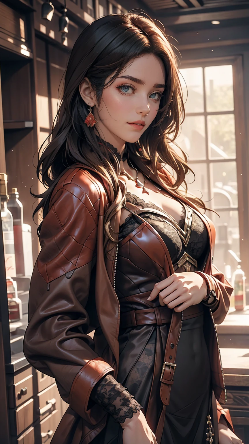 Highly detailed female photos, Lola Elizabeth, Scarlet Witch, the avengers, Wearing a black lace dress, Red leather jacket with an open neckline, 8K Ultra HD, Raw photo, Model photoshoot