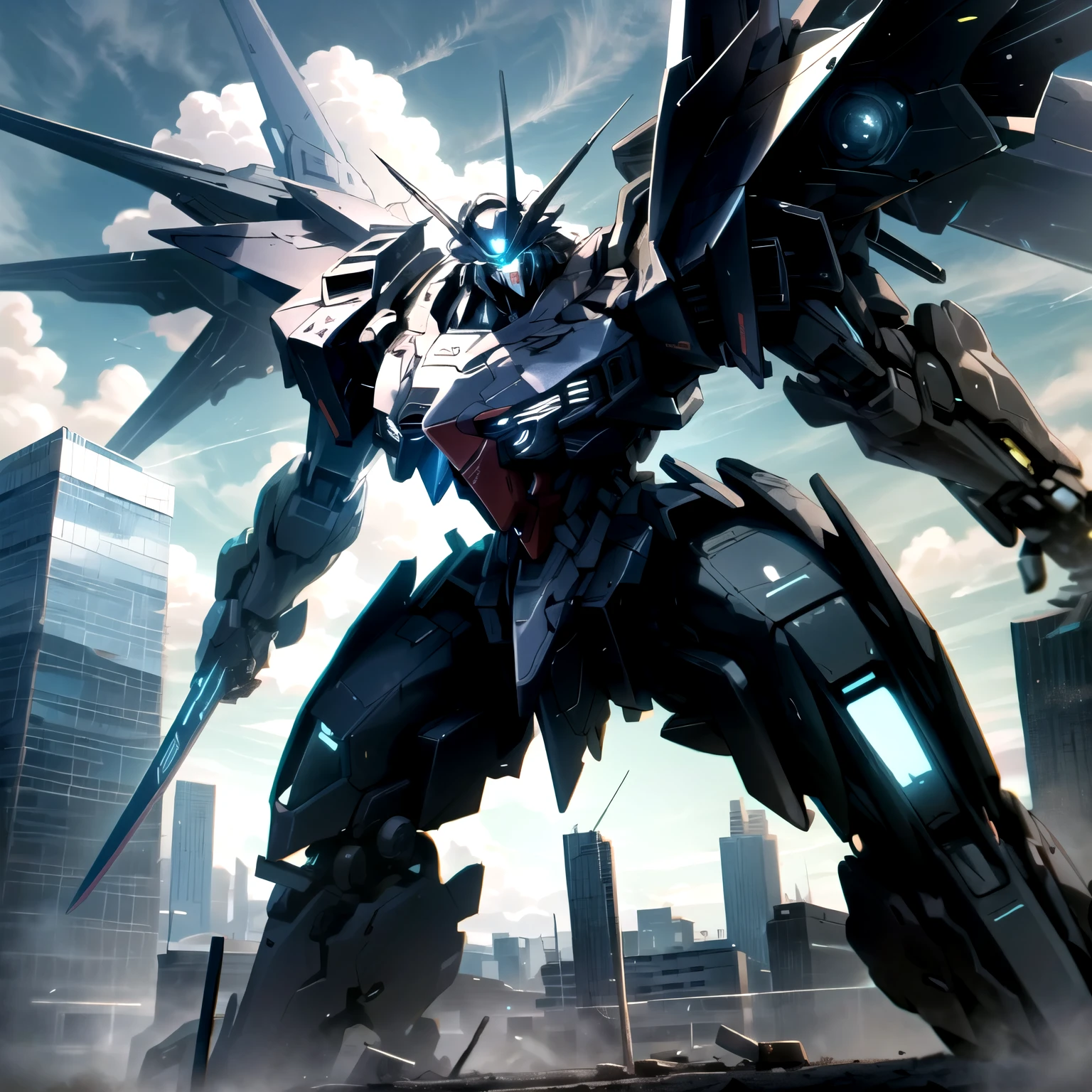 sky, cloud, holding_weapon, no_humans, glowing, robot, building, glowing_eyes, mecha, science_fiction, city, real, mecha, masami ohari, gundam