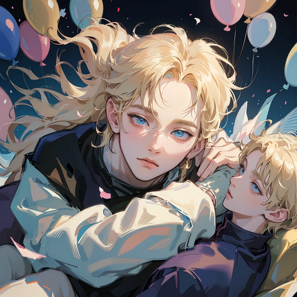 masterpiece, best quality, (Highly Detailed CG Unity 8K Wallpaper), (best quality), (best illustration), anime boy with balloons and confetti in the air, Animated visual of a cute boy, young anime boy, Beautiful animation art style, anime atmosphere, nightcore, Clean and detailed animated art, cute anime boy, beautiful animated portraits, High-quality animation artstyle, Beautiful animation art, Beautiful animation artwork, (anime boy), cute anime girl portraits, Guys, anime aesthetic, One Boy, solo, Sitting on the sofa and holding a balloon, Beautiful face and eyes, 4K, 1BOY, ultra detailde, HDR, masterpiece, finely deyail, lustrous skin, high quality, pastel, blonde hair, blue eyes, clear,