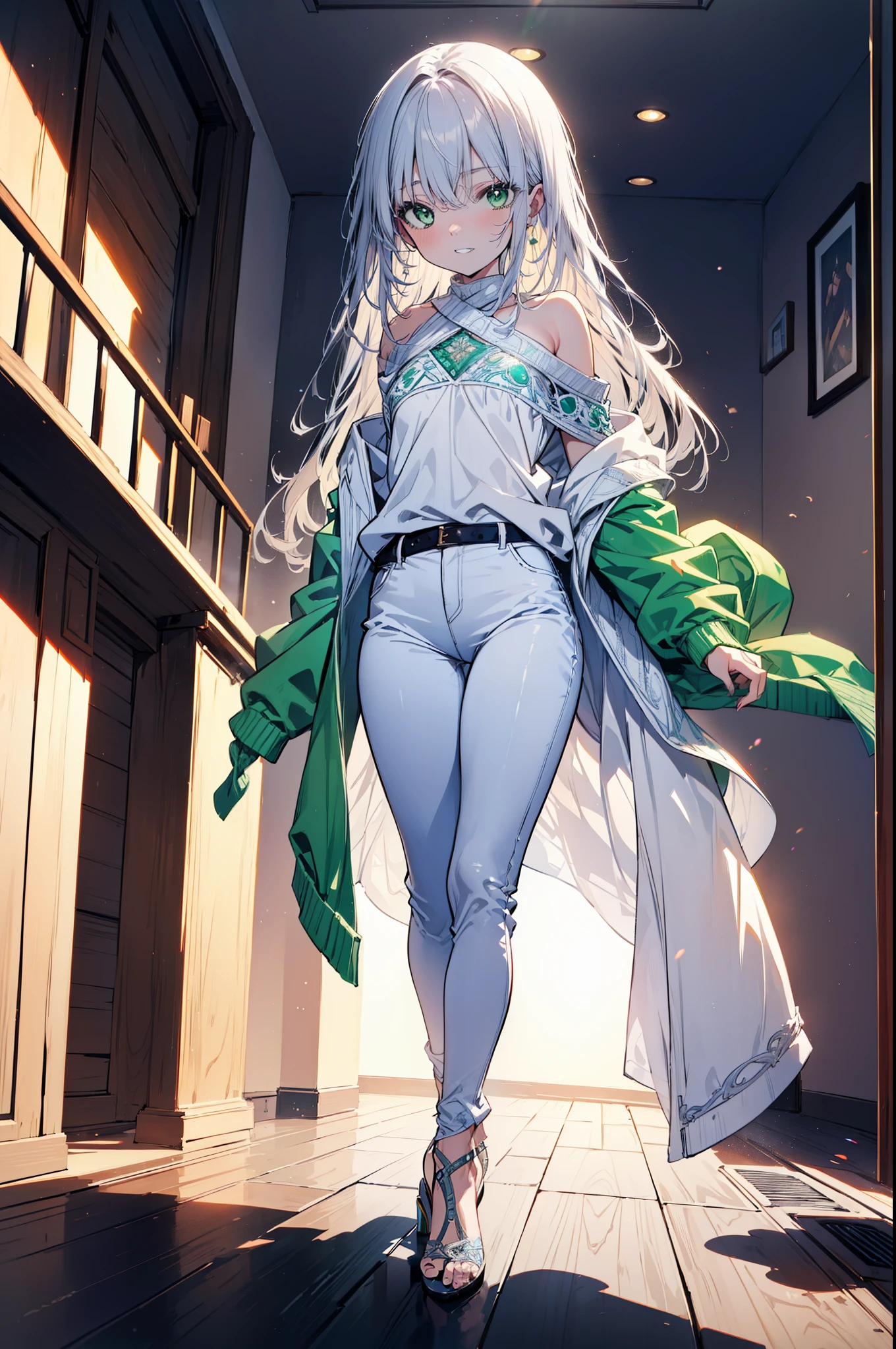 index, index, (Green Eyes:1.5), Silver Hair, Long Hair, (Flat Chest:1.2),Grin,Oversized one-shoulder sweater,Skinny jeans,Stiletto heels,Sunset,evening,The sun is setting,Walking,whole bodyがイラストに入るように,Cold Sky,White Breath,
break looking at viewer, whole body,
break outdoors, Building district,
break (masterpiece:1.2), highest quality, High resolution, unity 8k wallpaper, (figure:0.8), (Beautiful fine details:1.6), Highly detailed face, Perfect lighting, Highly detailed CG, (Perfect hands, Perfect Anatomy),