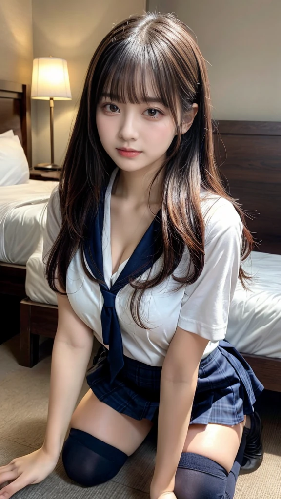 ((((masterpiece, Best Quality, High resolution, extremely detailed 8K, Ultra HD, Ultra-detailed, Highly detailed, Highly realistic, Ultra-realistic, photos realistic))))
(Model: One beautiful asian young girl:1.5, slim body, beautiful detailed large eyes, beautiful detailed face:1.5, beautiful fingers, cleavage through uniform:1.3, deeply-tanned skin:1.4), (Hair: curly semi-long hair, bangs), (Wearing: navy blazer uniform, short plaid mini-skirt, choker collar),(Situation:facing at camera, slight smile, spreading her legs towards camera, bed, health office)