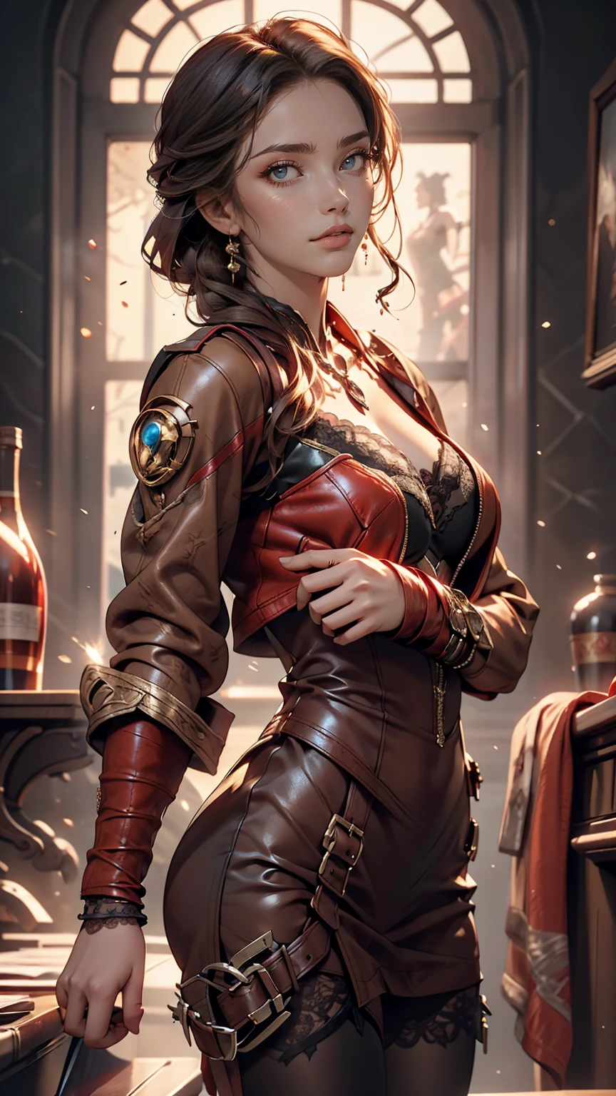 Highly detailed female photos, Lola Elizabeth, Scarlet Witch, the avengers, Wearing a black lace dress, Red leather jacket with an open neckline, 8K Ultra HD, Raw photo, Model photoshoot