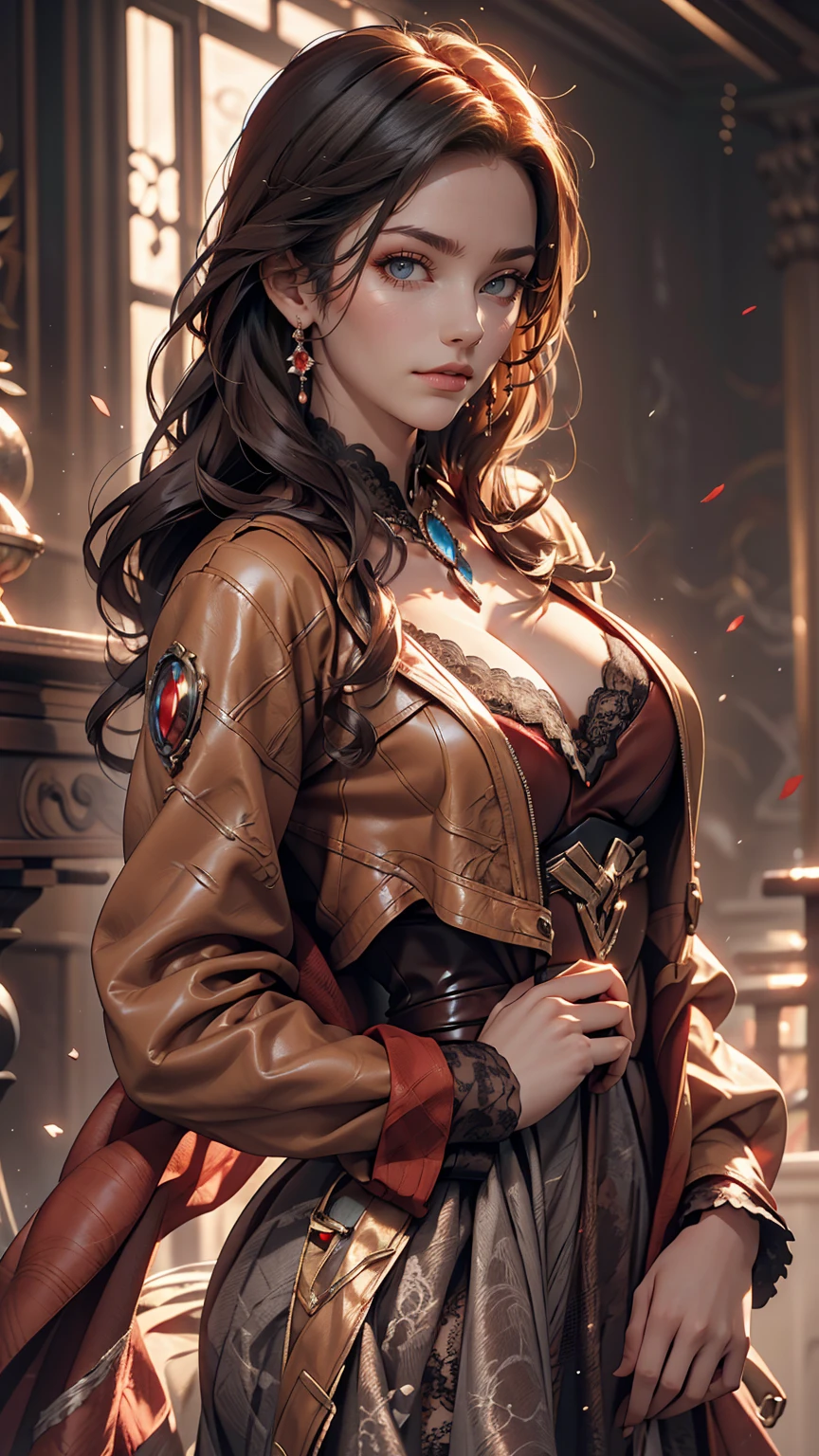 Highly detailed female photos, Lola Elizabeth, Scarlet Witch, the avengers, Wearing a black lace dress, Red leather jacket with an open neckline, 8K Ultra HD, Raw photo, Model photoshoot