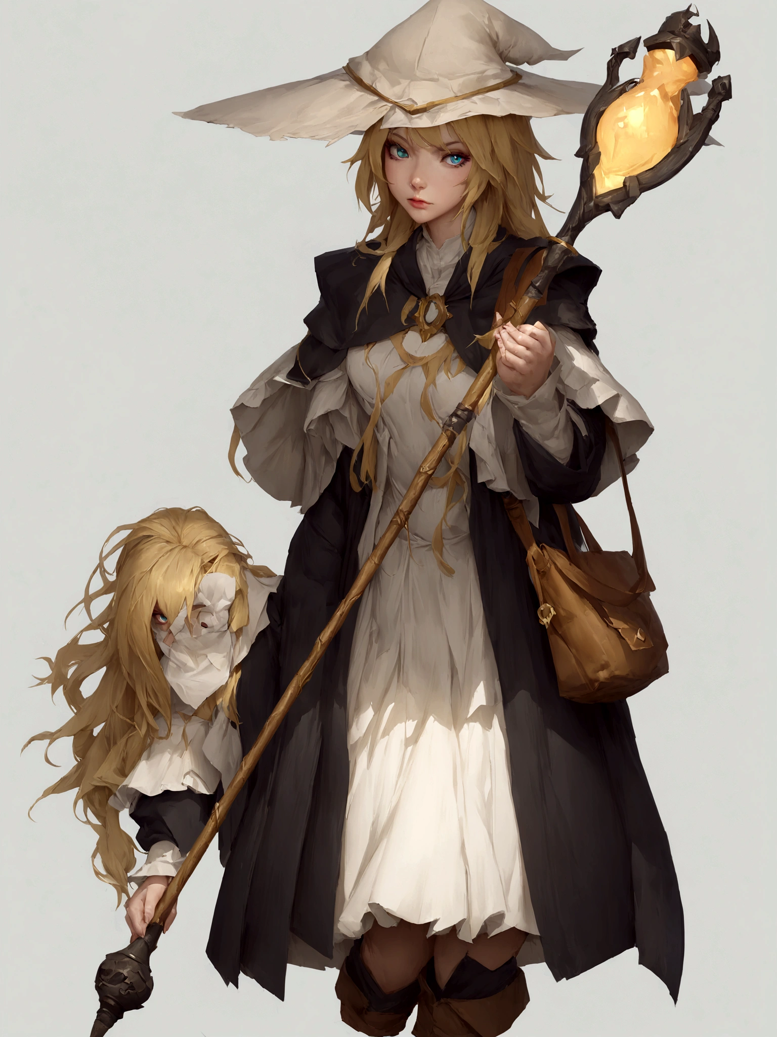 (Daisaku),(Need),(Super meticulous),(full bodyesbian:1.2), anime character with a hat and a bag holding a wand, zerochan art, guweiz on pixiv artstation, dressed like a cleric, marisa kirisame, zerochan, guweiz on artstation pixiv, female mage!, female wizard, portrait of a female mage, guweiz, mechanized witch girl, trending on artstation pixiv, (beautiful detailed face),(Beautiful and delicate eyes),