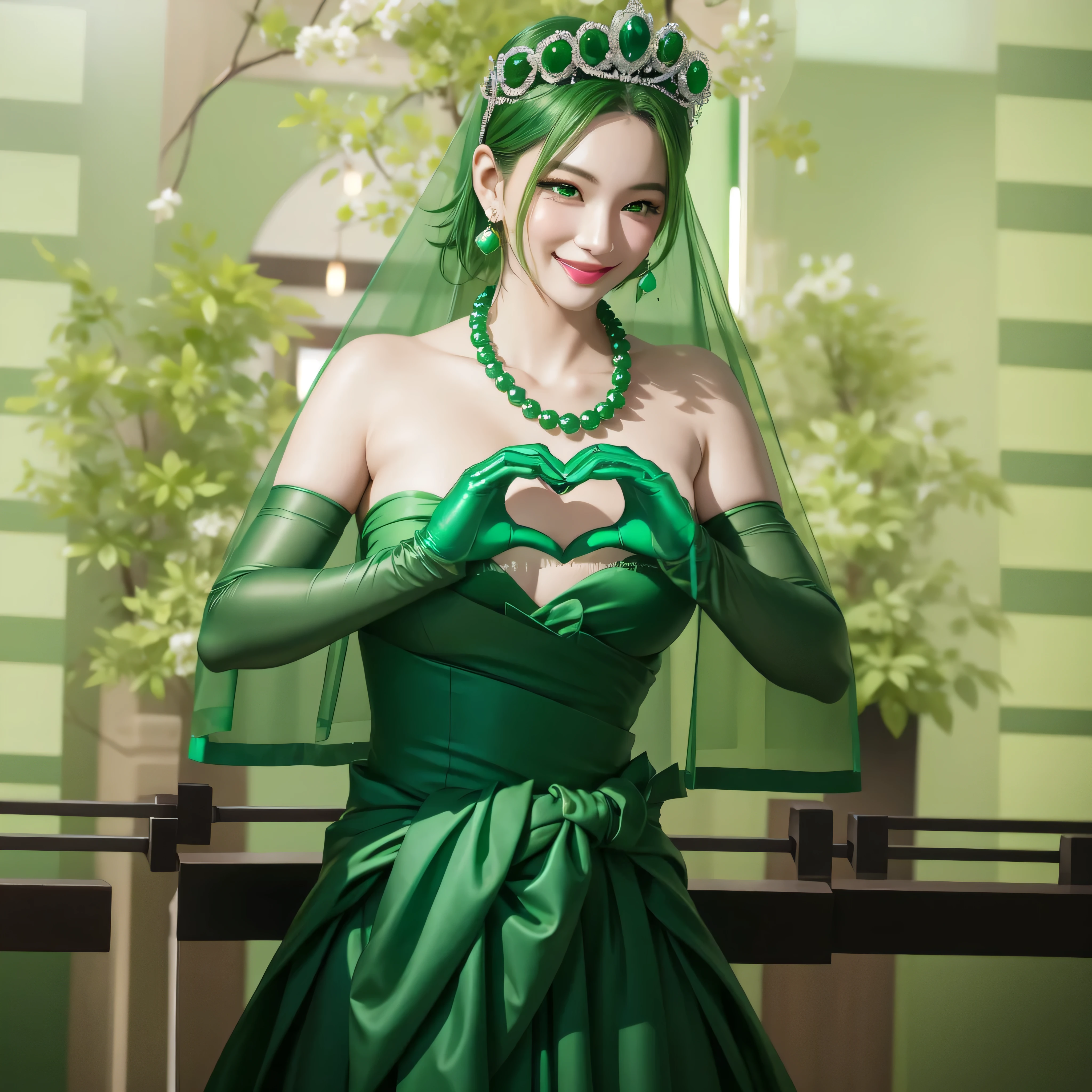 Emerald tiara, Green Pearl Necklace, Boyish very short green hair, Green Lips, Smiling Japanese woman, Very short hair, Busty beautiful lady, Green Eyes, Green satin long gloves, Green Eyes, Emerald Earrings, Green Veil, Heart with both hands, Green Hair, Beautiful Japanese Woman, Heart shaped hands:1.3, green lip gloss