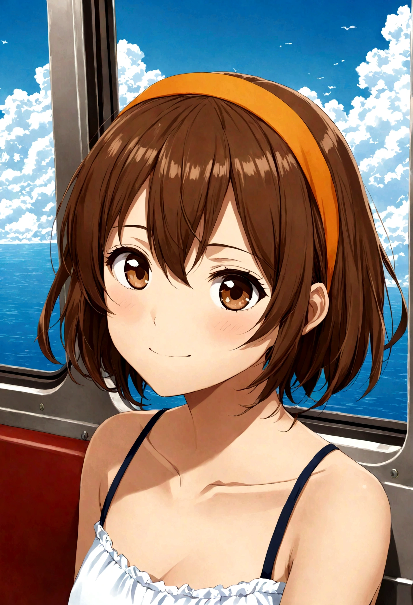 Haruhi, One girl, alone, chest, smile, short_hair, 前hair, Brown_hair, ribbon, just_shoulder, Brown_eye, clavicle, hair_ribbon, upper_body, hairband, null, No sleeve, Day, cloud, Moderate_hair, V-shaped_Eyebrow, window, Ocean, Halter neck, tank_superior, casual, camisole, train_interior, orange_hairband